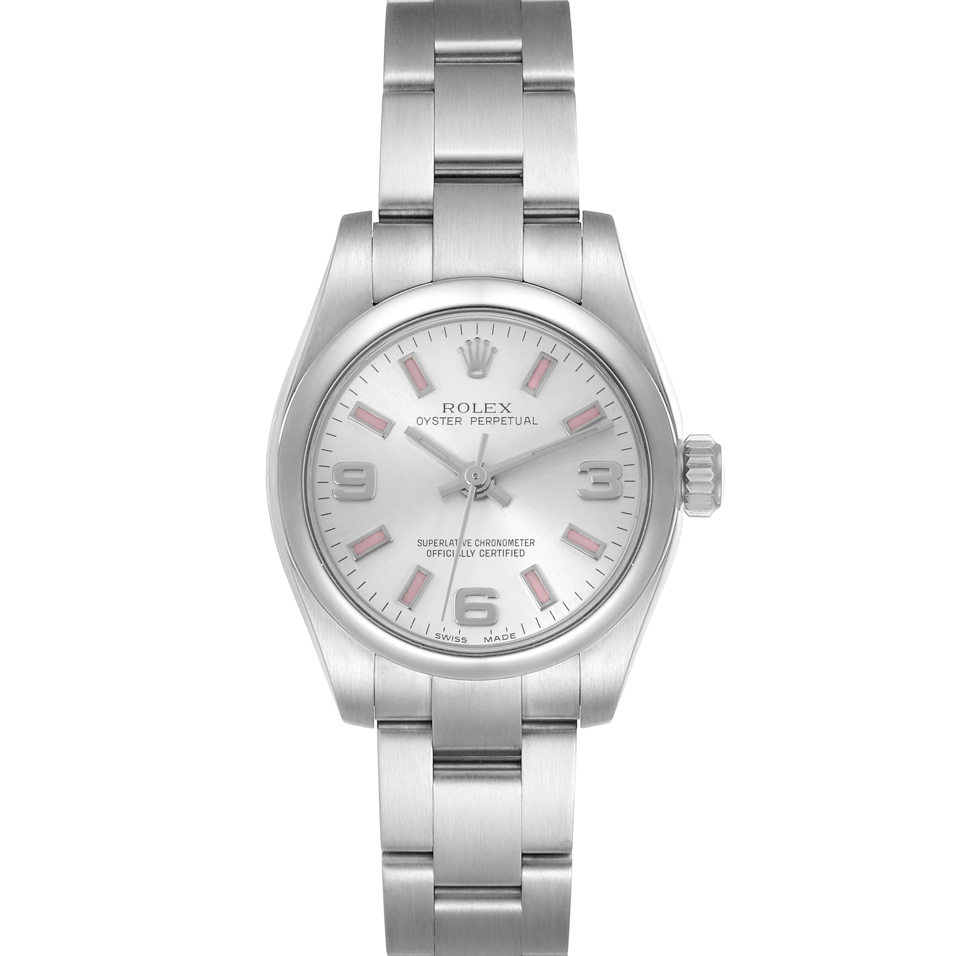 The Rolex Oyster Perpetual 176200 Women's Stainless Steel Silver Dial 176200 Women's Stainless Steel Silver Dial watch is shown from a front angle, displaying the full face and bracelet.