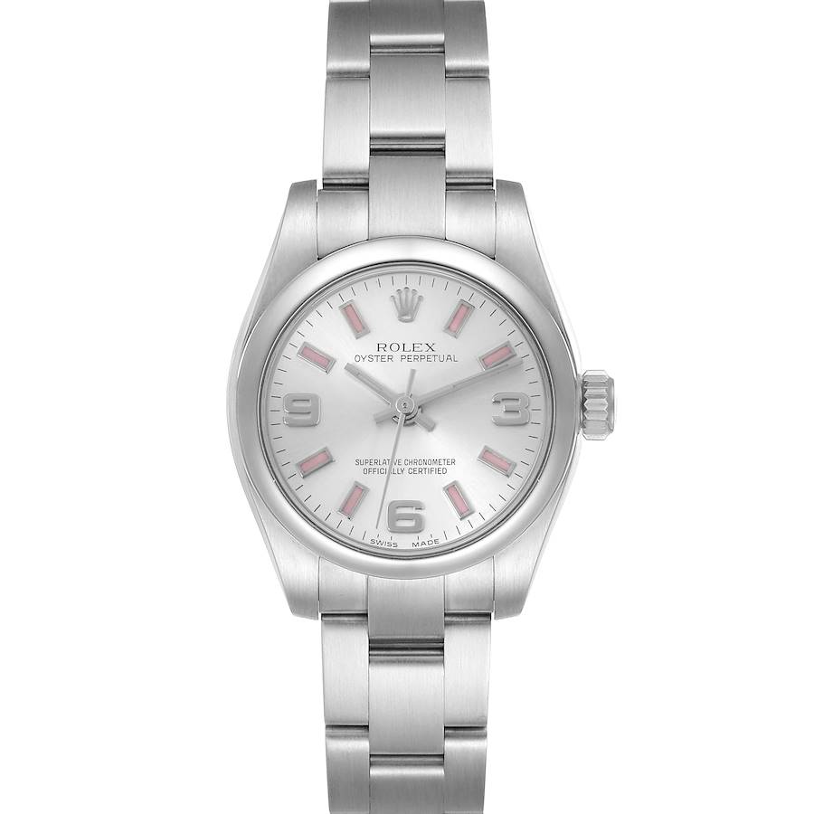 The Rolex Oyster Perpetual watch is shown from a front angle, displaying the full face and bracelet.