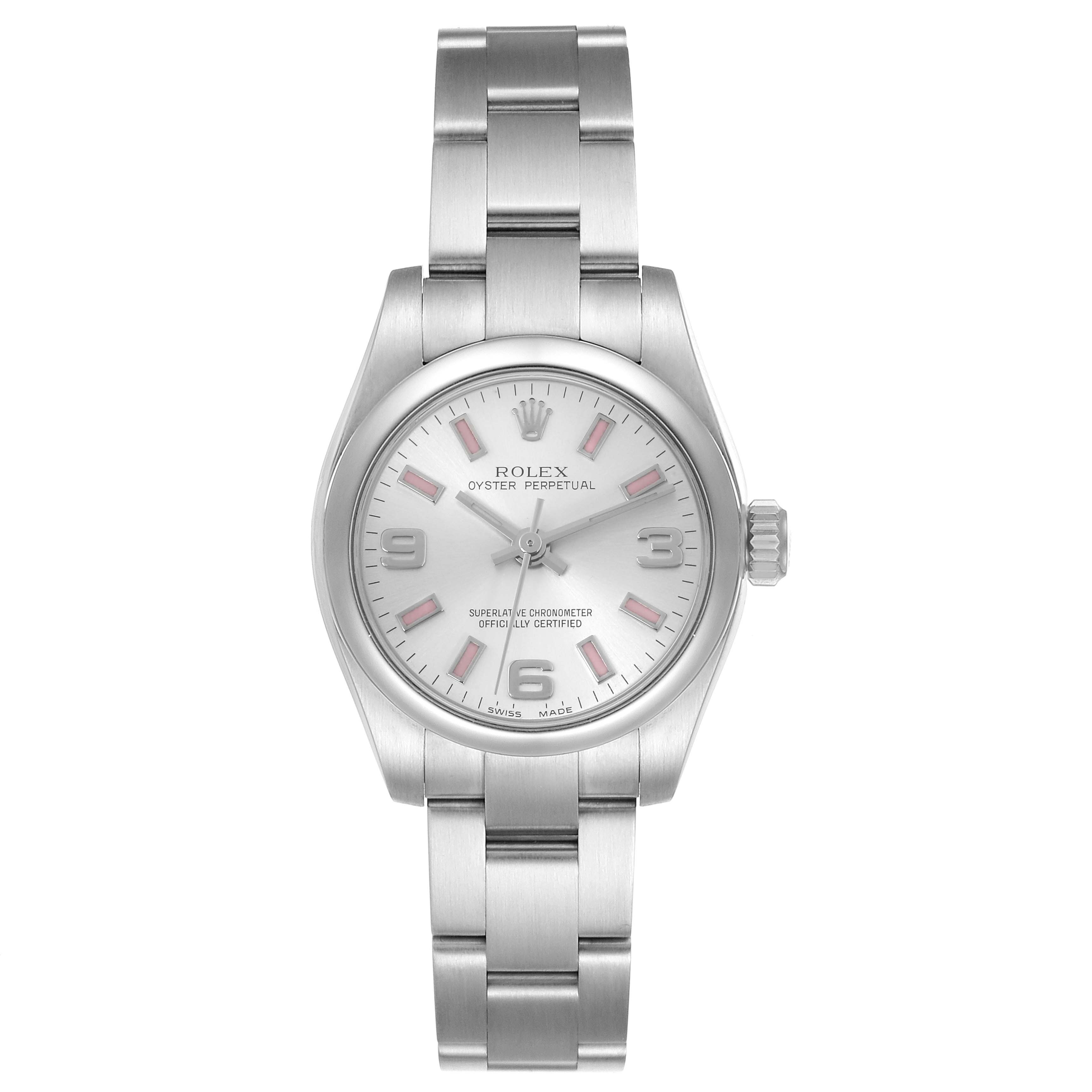 The Rolex Oyster Perpetual 176200 Women's Stainless Steel Silver Dial 176200 Women's Stainless Steel Silver Dial watch is shown from a front angle, displaying the entire face and bracelet.