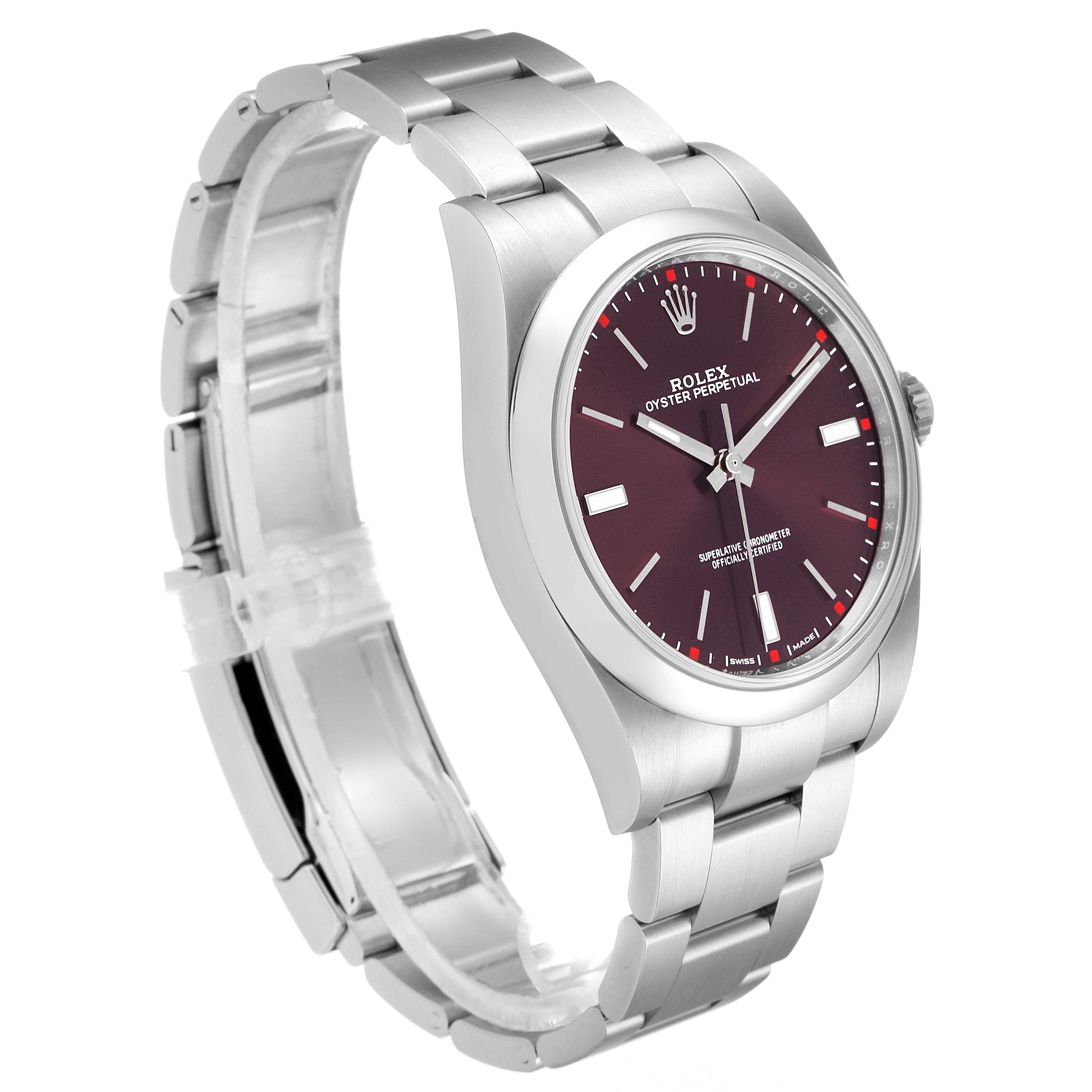 The Rolex Oyster Perpetual 114300 Men's Stainless Steel Burgundy Dial 114300 Men's Stainless Steel Burgundy Dial watch is shown at a three-quarter angle, highlighting its bracelet and burgundy dial.