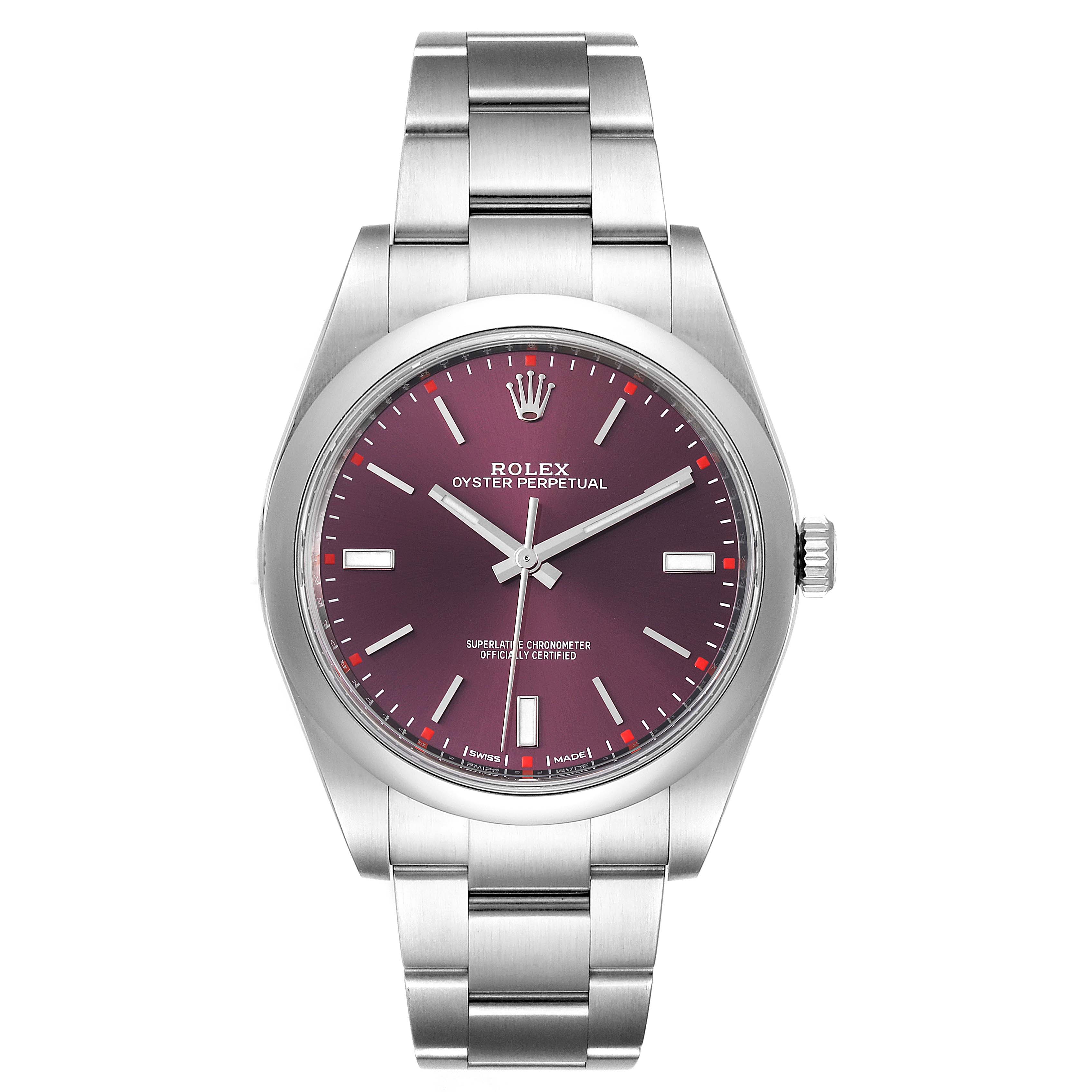 This is a front view of a Rolex Oyster Perpetual 114300 Men's Stainless Steel Burgundy Dial 114300 Men's Stainless Steel Burgundy Dial watch showing the dial, bezel, case, and bracelet.