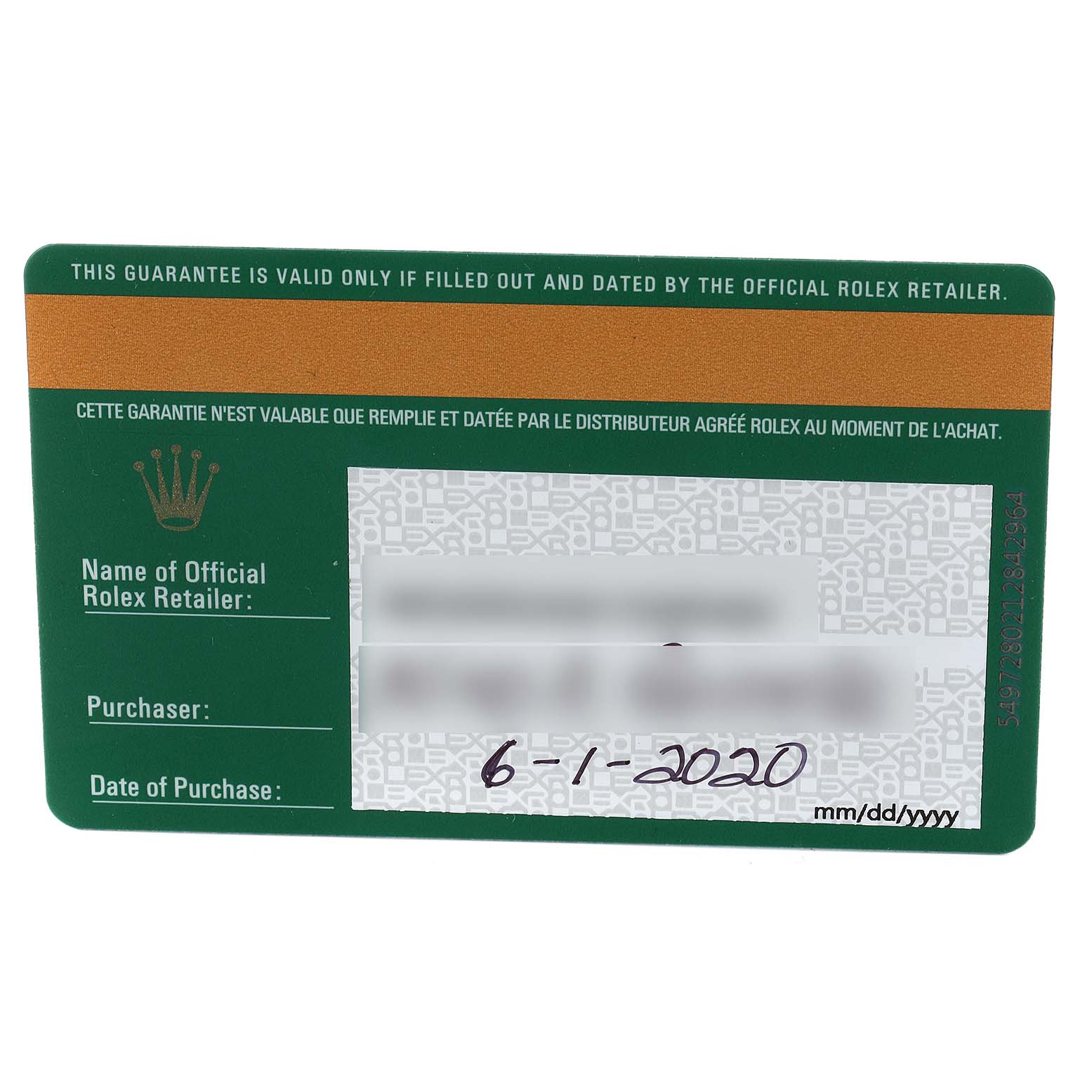 The image shows the official guarantee card for the Rolex Oyster Perpetual 114300 Men's Stainless Steel Burgundy Dial 114300 Men's Stainless Steel Burgundy Dial model, including purchase date and retailer information.