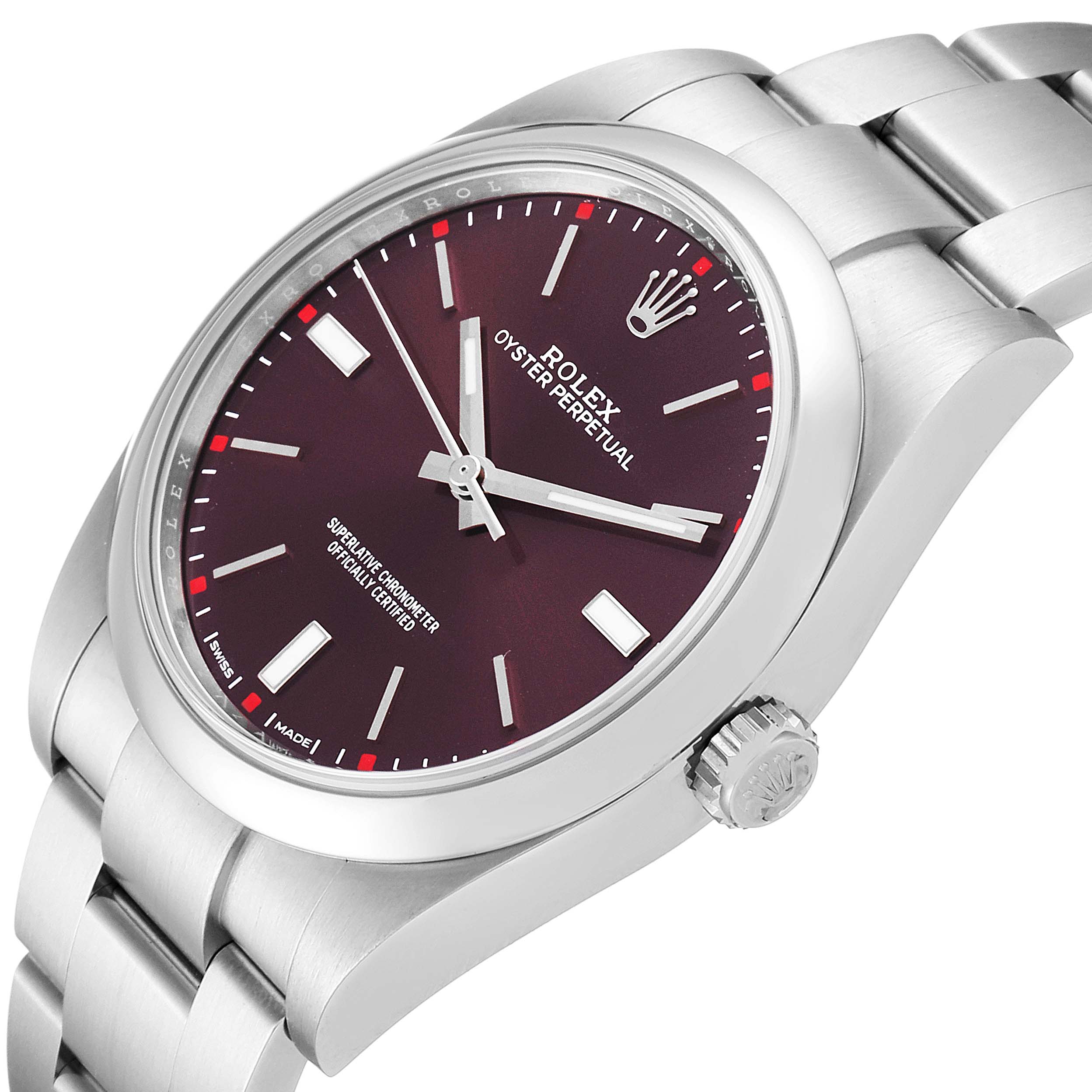 This image shows a side-angle view of the Rolex Oyster Perpetual 114300 Men's Stainless Steel Burgundy Dial 114300 Men's Stainless Steel Burgundy Dial watch, highlighting its face, bracelet, and crown.