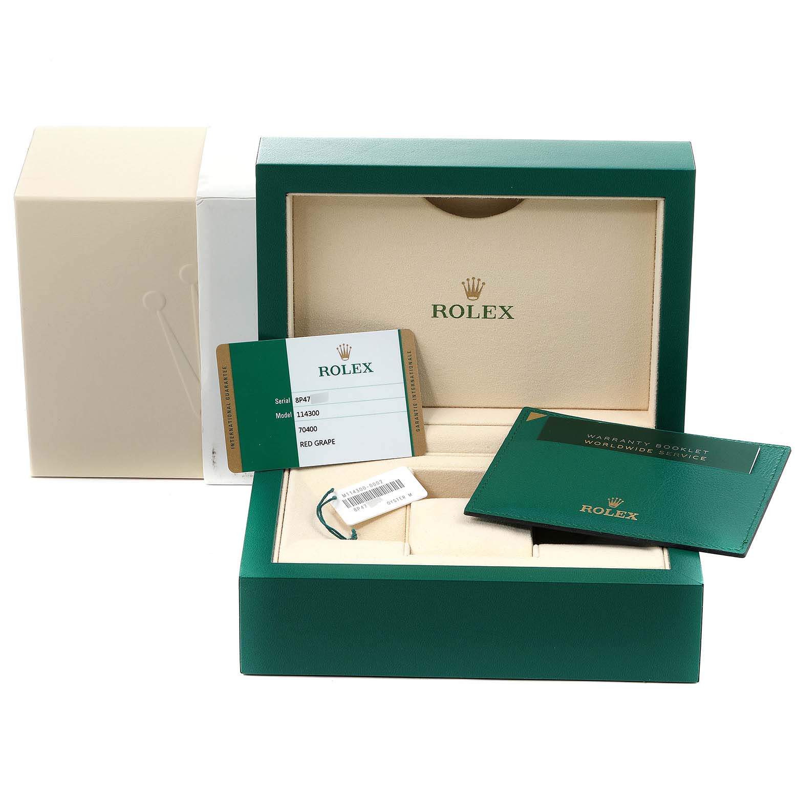 The image shows the packaging, warranty card, and booklet for a Rolex Oyster Perpetual 114300 Men's Stainless Steel Burgundy Dial 114300 Men's Stainless Steel Burgundy Dial model.