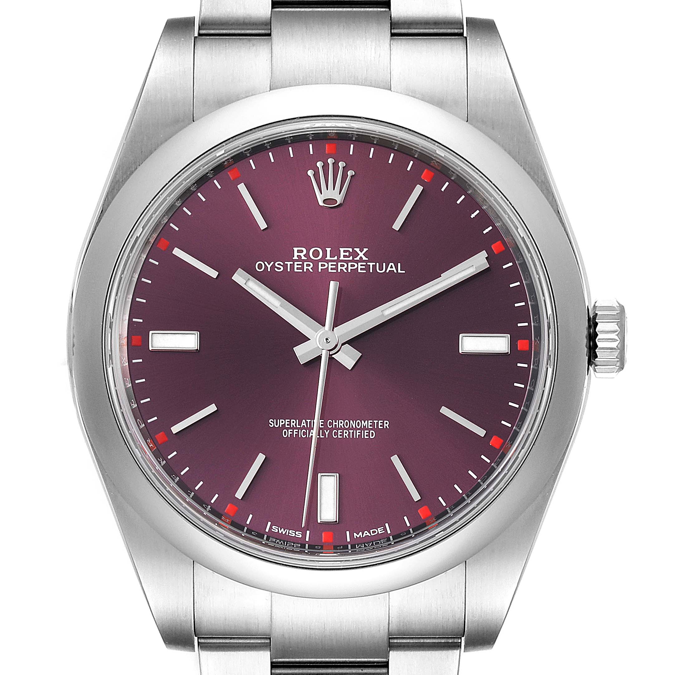 The image shows a front-facing view of the Rolex Oyster Perpetual 114300 Men's Stainless Steel Burgundy Dial 114300 Men's Stainless Steel Burgundy Dial watch, highlighting the dial, hands, and part of the bracelet.