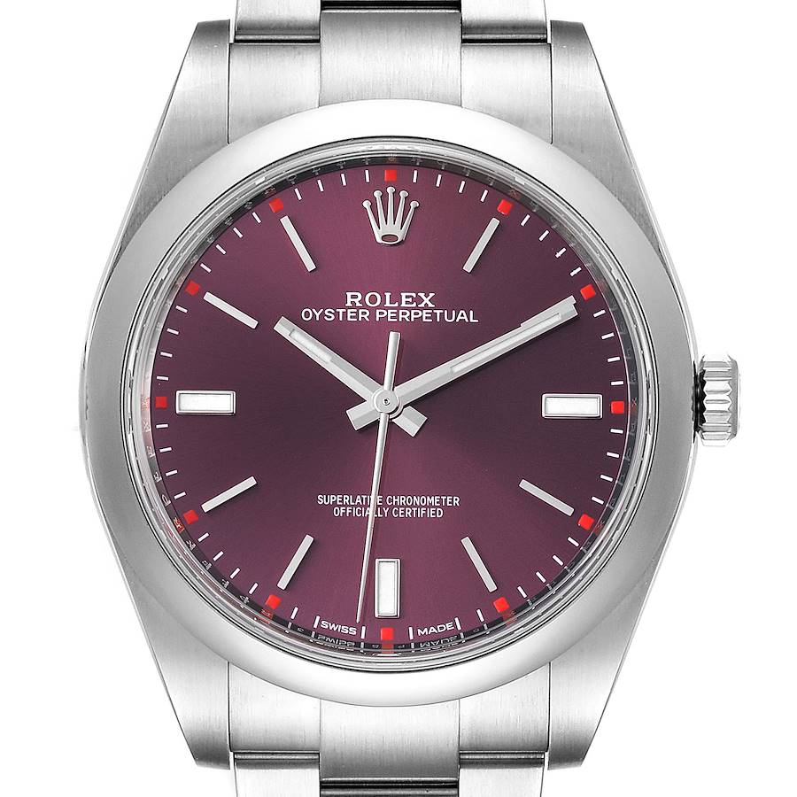 Rolex Oyster Perpetual Red Grape Dial Steel Mens Watch 114300 Box Card SwissWatchExpo