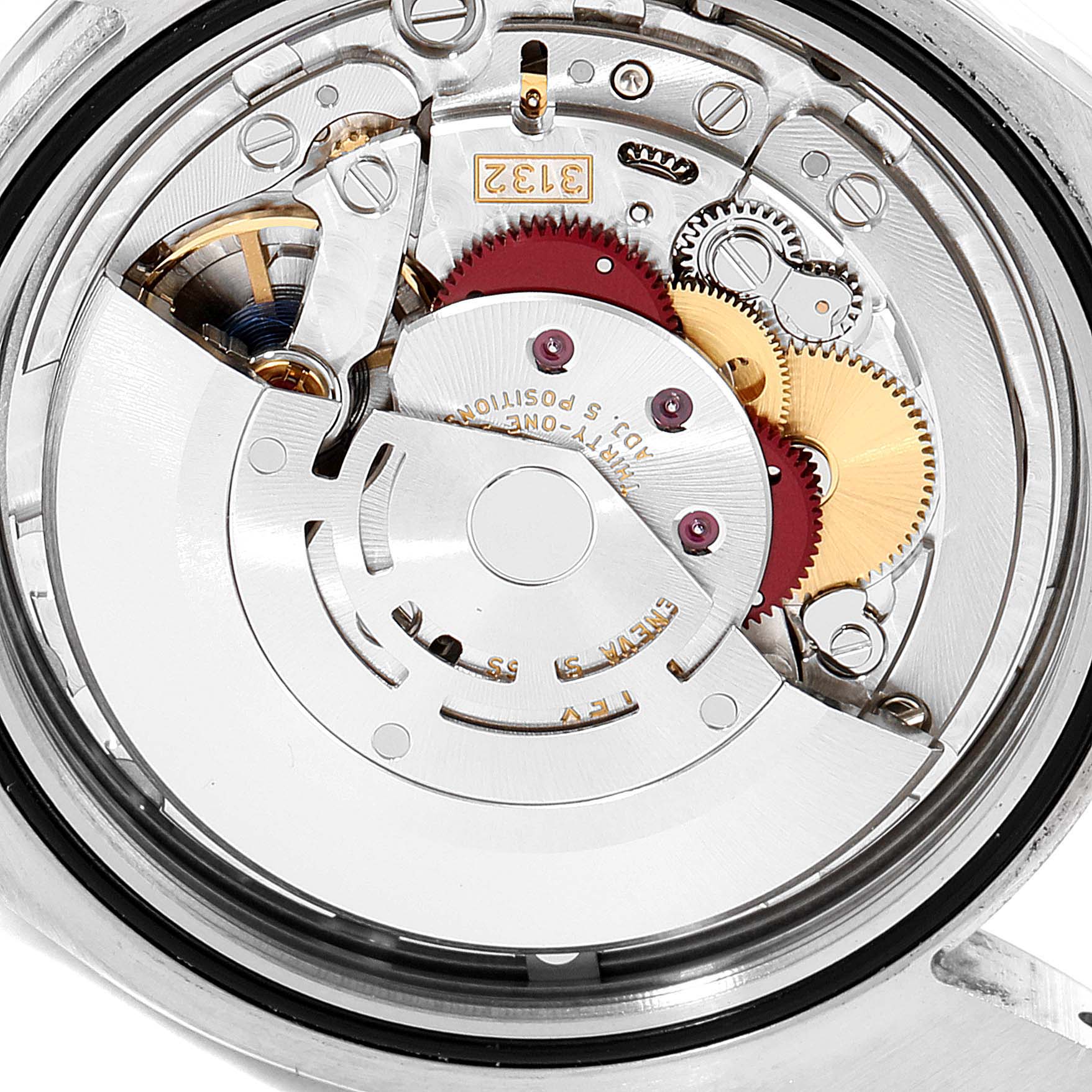The image shows the internal mechanism and movement parts of a Rolex Oyster Perpetual 114300 Men's Stainless Steel Burgundy Dial 114300 Men's Stainless Steel Burgundy Dial watch from a rear angle.