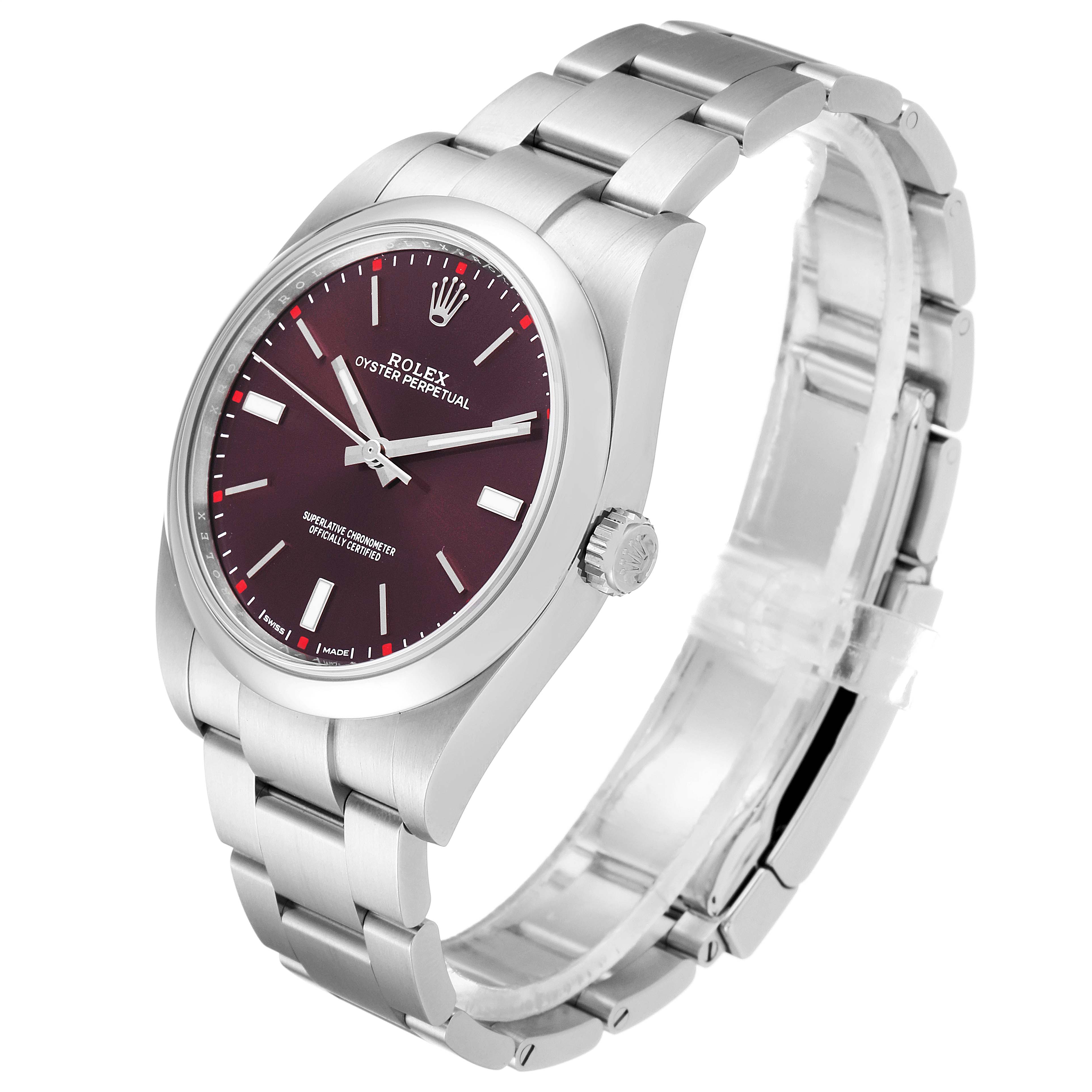 The image shows a Rolex Oyster Perpetual 114300 Men's Stainless Steel Burgundy Dial 114300 Men's Stainless Steel Burgundy Dial watch at an angled side view, displaying its face, bezel, crown, and bracelet.