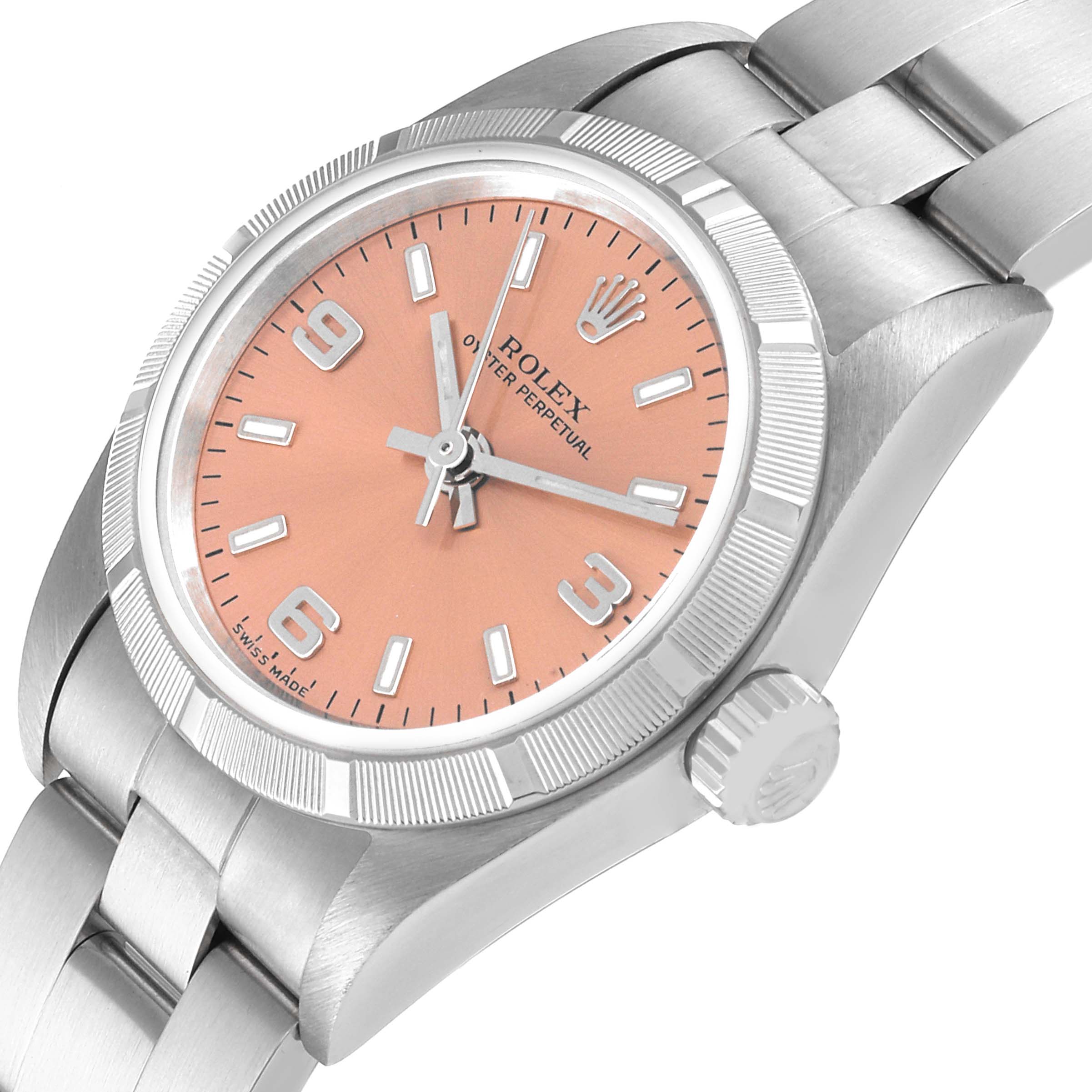 The image shows a Rolex Oyster Perpetual 76030 Women's Stainless Steel Pink Dial 76030 Women's Stainless Steel Pink Dial watch from an angled top-down view, focusing on the dial, bezel, crown, and bracelet.