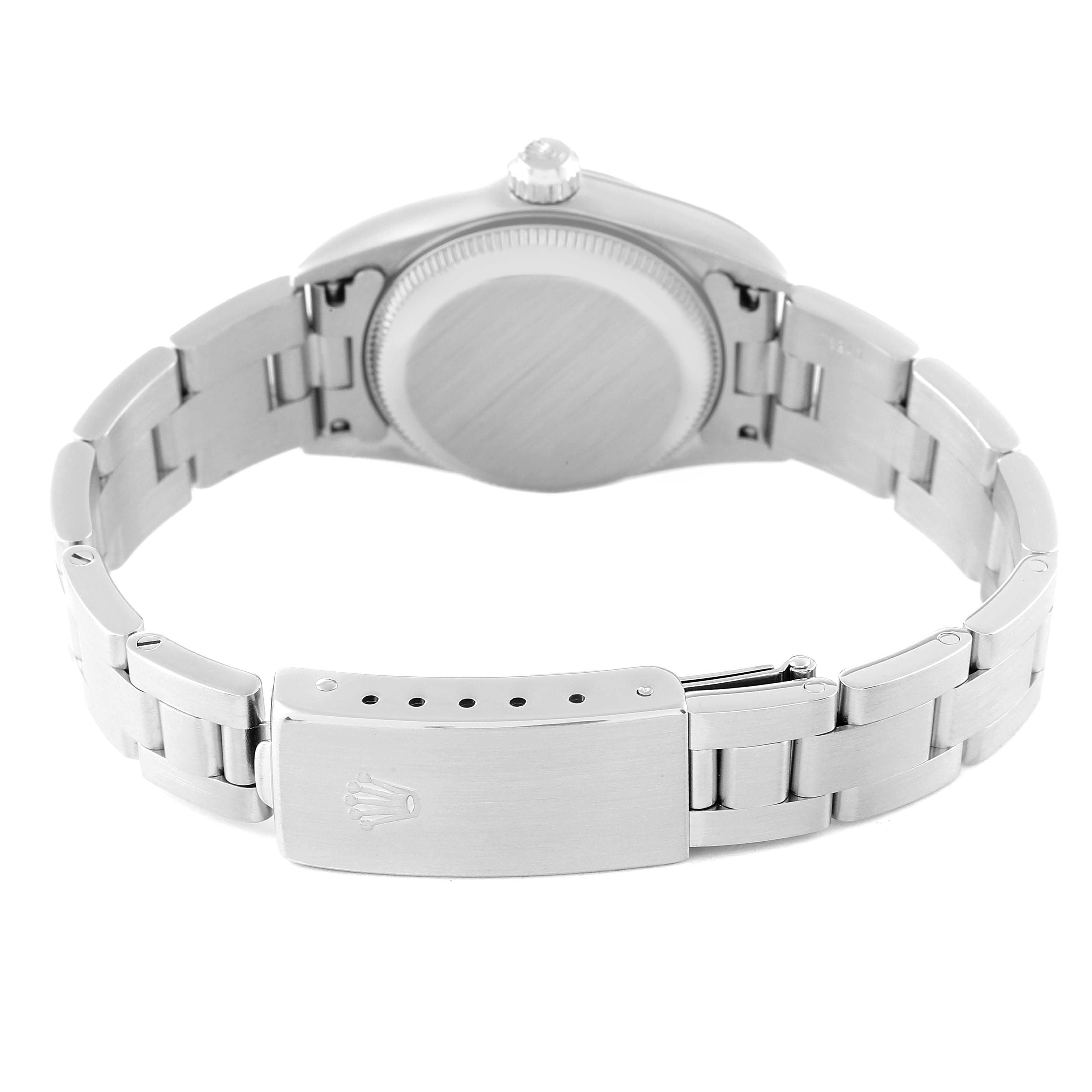 The image shows the back view of a Rolex Oyster Perpetual 76030 Women's Stainless Steel Pink Dial 76030 Women's Stainless Steel Pink Dial watch, highlighting the bracelet and clasp.