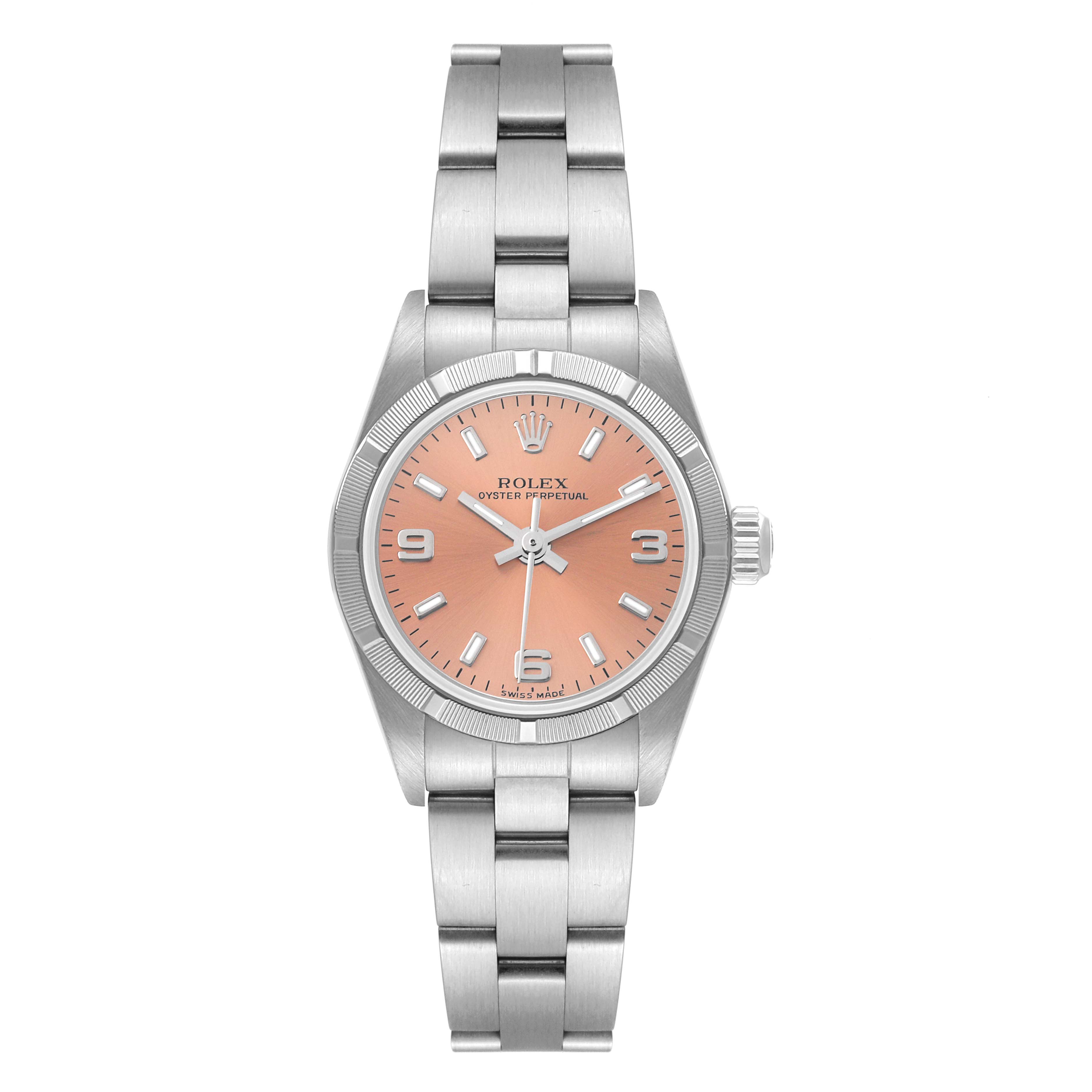 The image shows a front view of a Rolex Oyster Perpetual 76030 Women's Stainless Steel Pink Dial 76030 Women's Stainless Steel Pink Dial watch with a pink dial and silver bracelet.