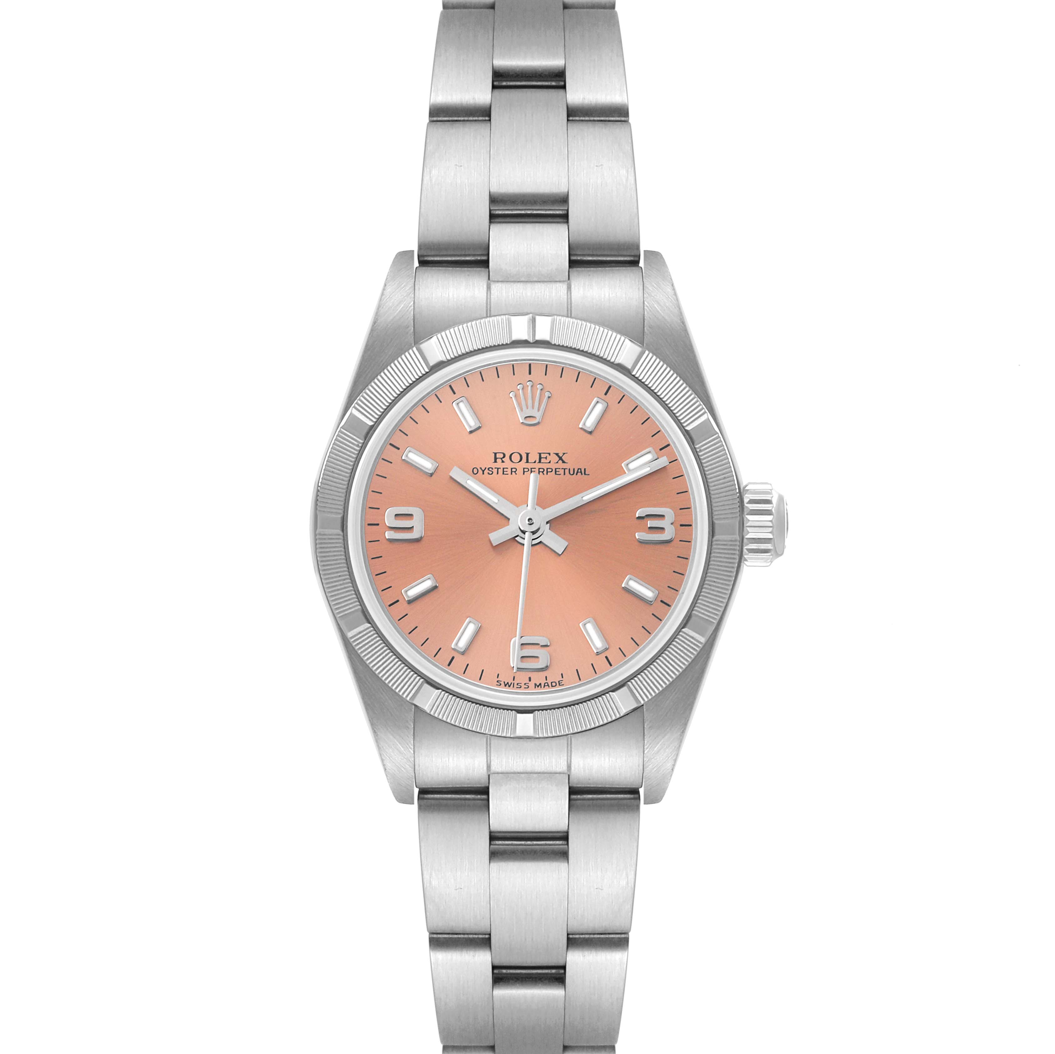 This image shows a front view of the Rolex Oyster Perpetual 76030 Women's Stainless Steel Pink Dial 76030 Women's Stainless Steel Pink Dial watch, featuring a silver band and a pink dial.