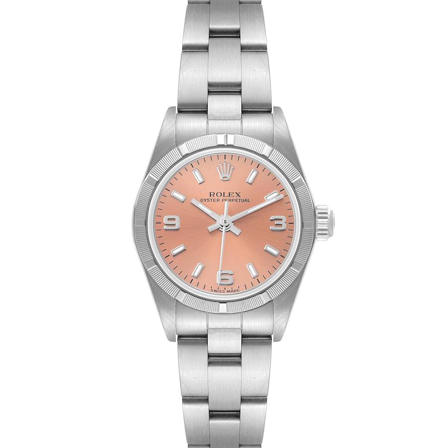 Rolex Oyster Perpetual Salmon Dial Engine-Turned Bezel Steel Ladies Watch 76030 SwissWatchExpo