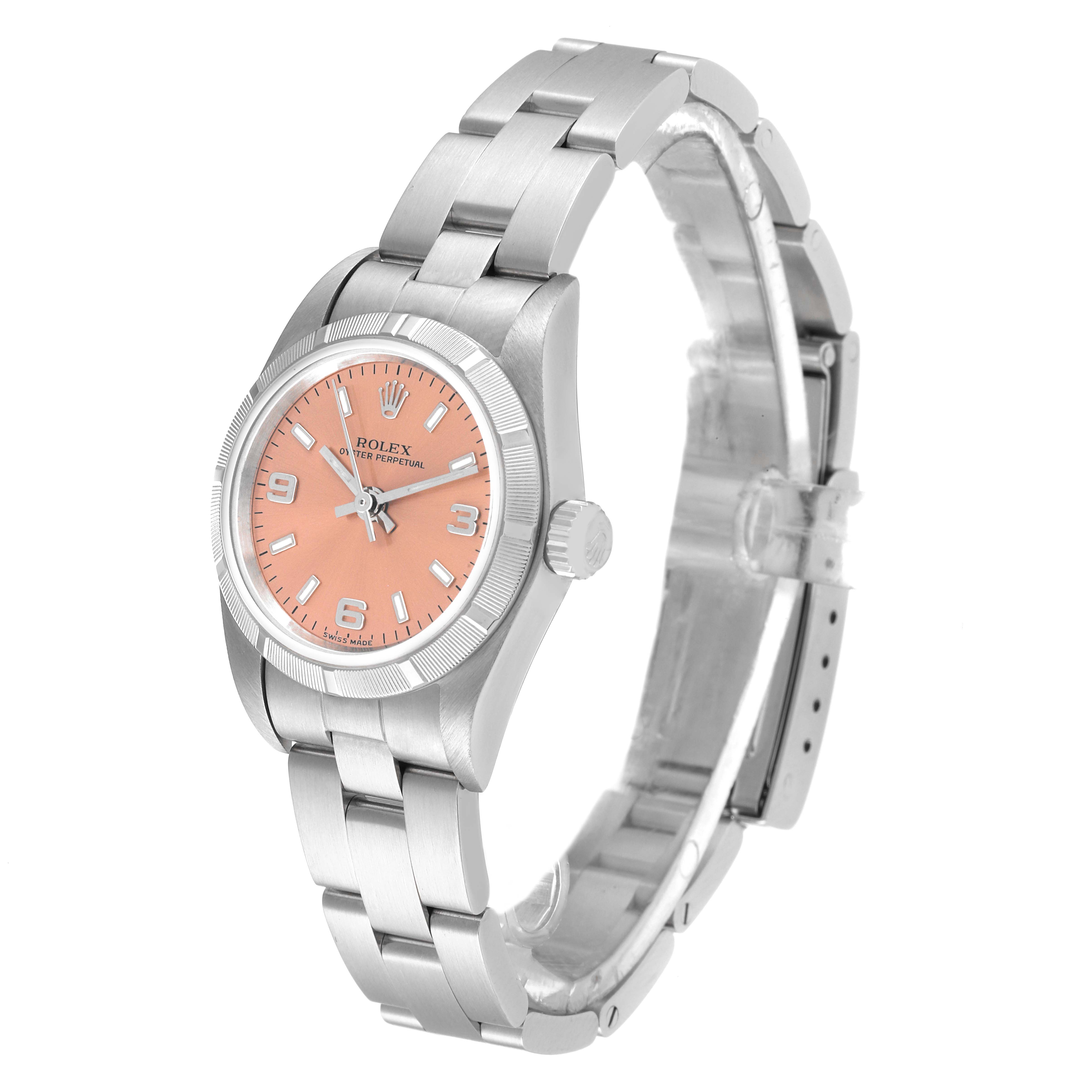 The image shows a side angle of a Rolex Oyster Perpetual 76030 Women's Stainless Steel Pink Dial 76030 Women's Stainless Steel Pink Dial watch featuring a pink dial and stainless steel bracelet.