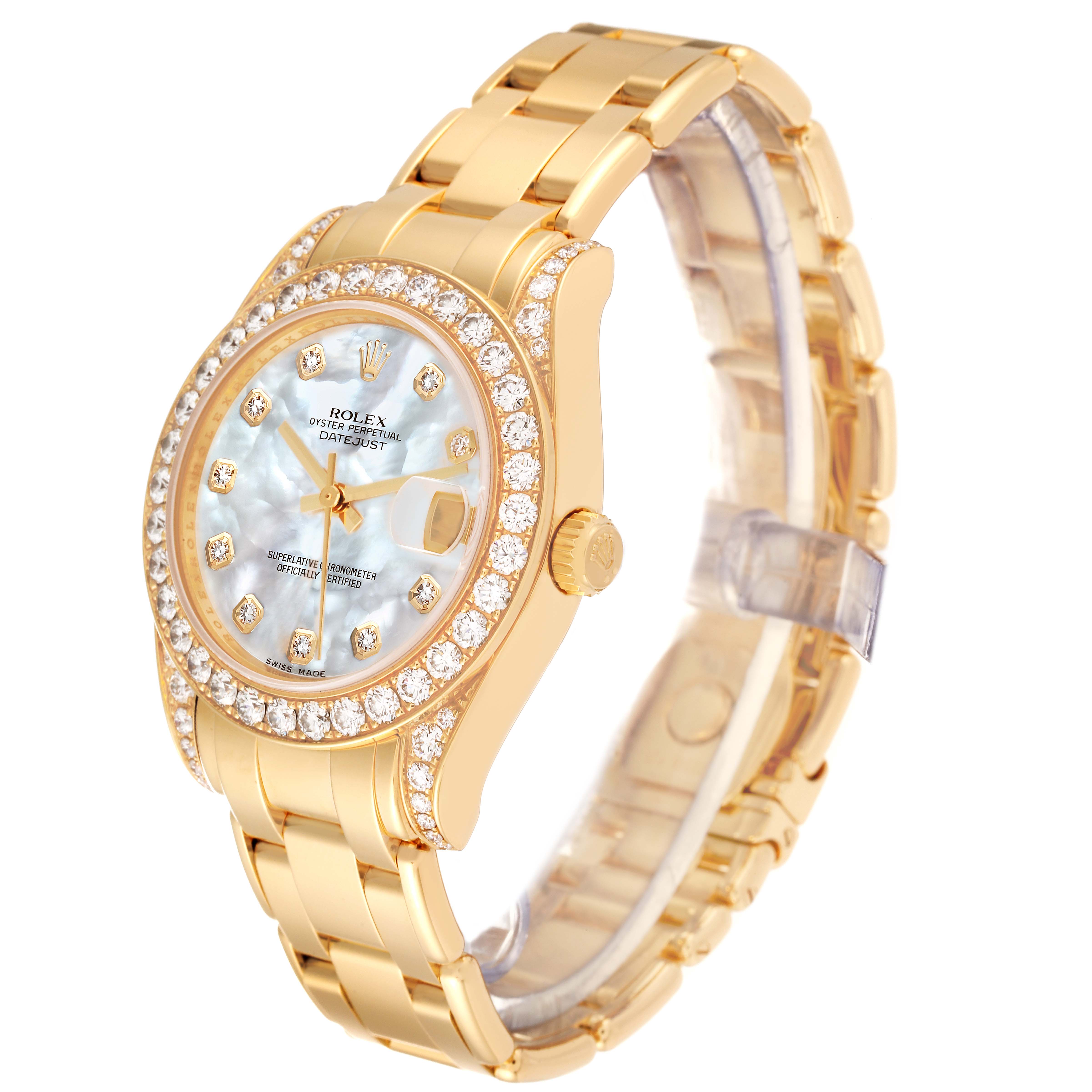 The Rolex Pearlmaster 81158 Women's Yellow Gold Mother of Pearl Dial 81158 Women's Yellow Gold Mother of Pearl Dial watch is shown at a slight angle, displaying the face, bezel, crown, and part of the bracelet.