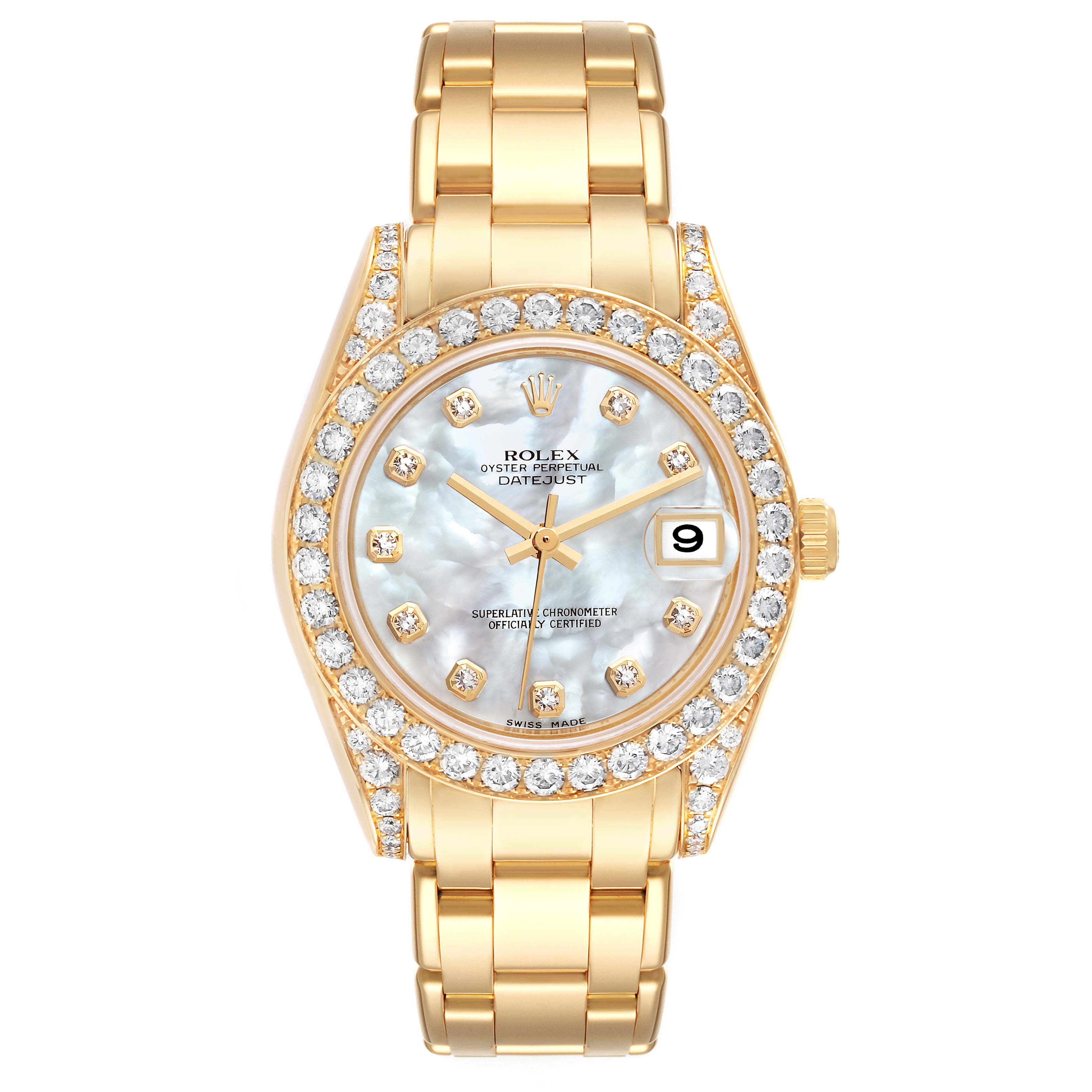 This image shows a Rolex Pearlmaster 81158 Women's Yellow Gold Mother of Pearl Dial 81158 Women's Yellow Gold Mother of Pearl Dial watch with a gold bracelet, diamond-encrusted bezel, and a dial displaying the date.