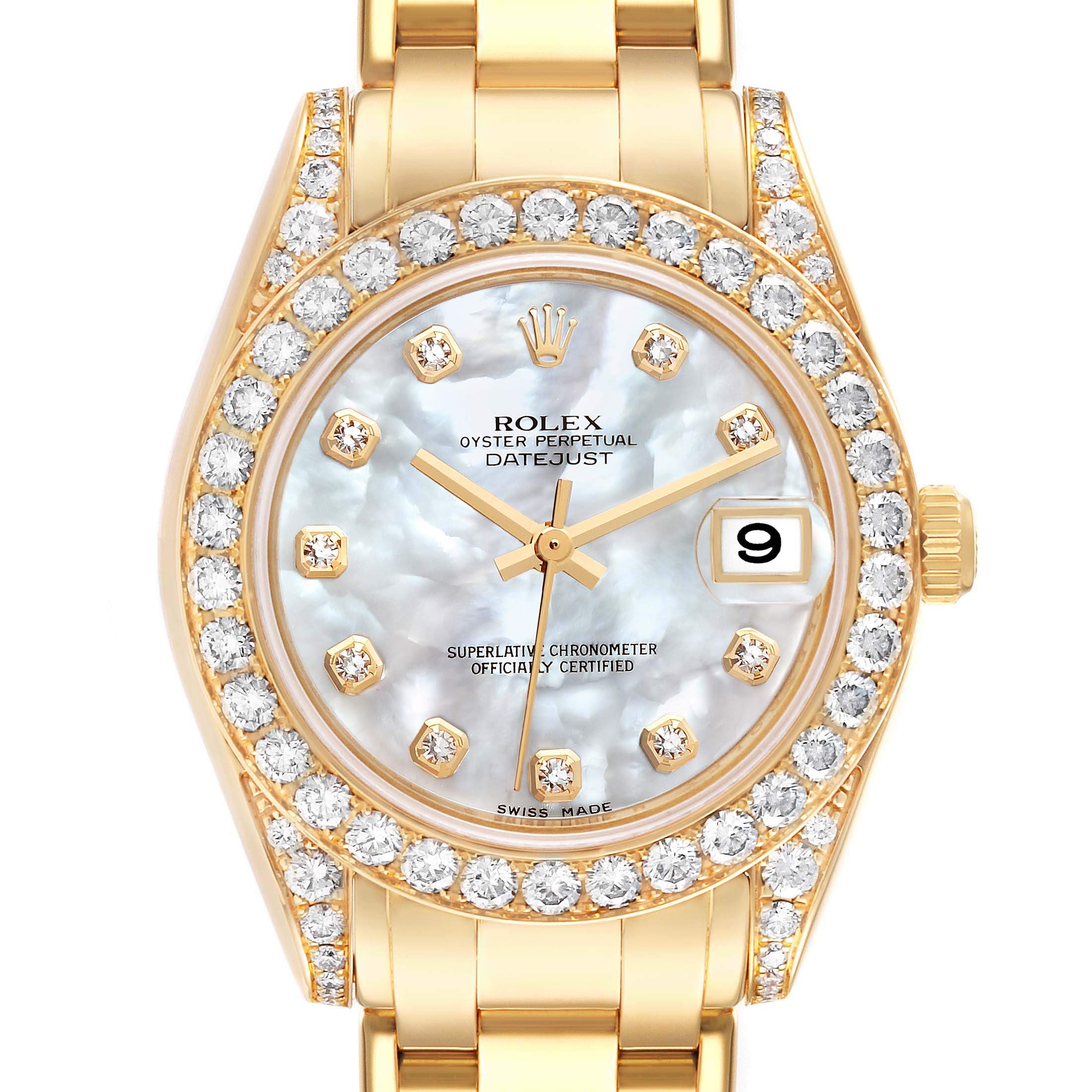 The image shows a frontal view of the dial, bezel, and part of the bracelet of a Rolex Pearlmaster 81158 Women's Yellow Gold Mother of Pearl Dial 81158 Women's Yellow Gold Mother of Pearl Dial watch.