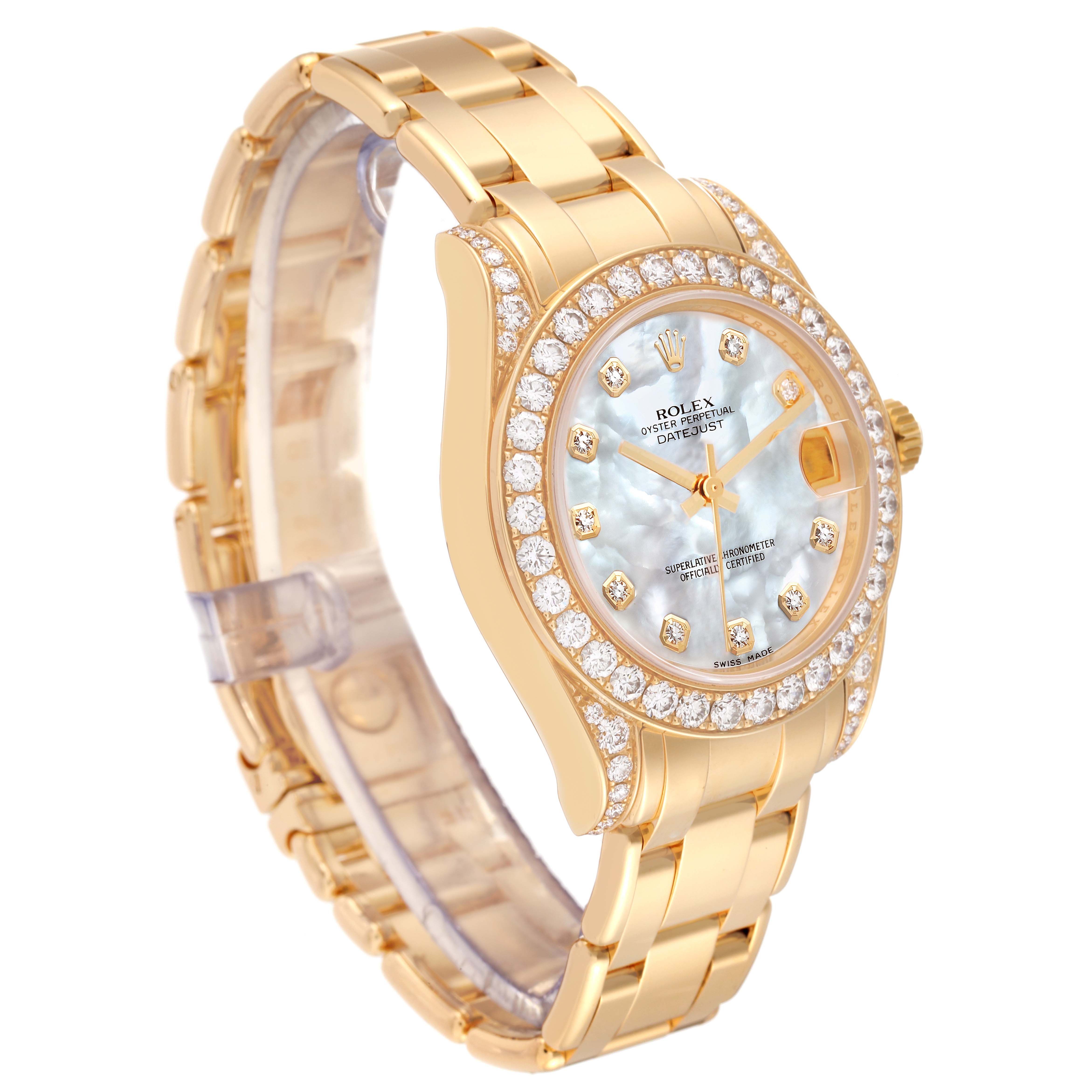 The image shows a Rolex Pearlmaster 81158 Women's Yellow Gold Mother of Pearl Dial 81158 Women's Yellow Gold Mother of Pearl Dial watch, viewed at an angle highlighting the gold bracelet, diamond-set bezel, and mother-of-pearl dial.