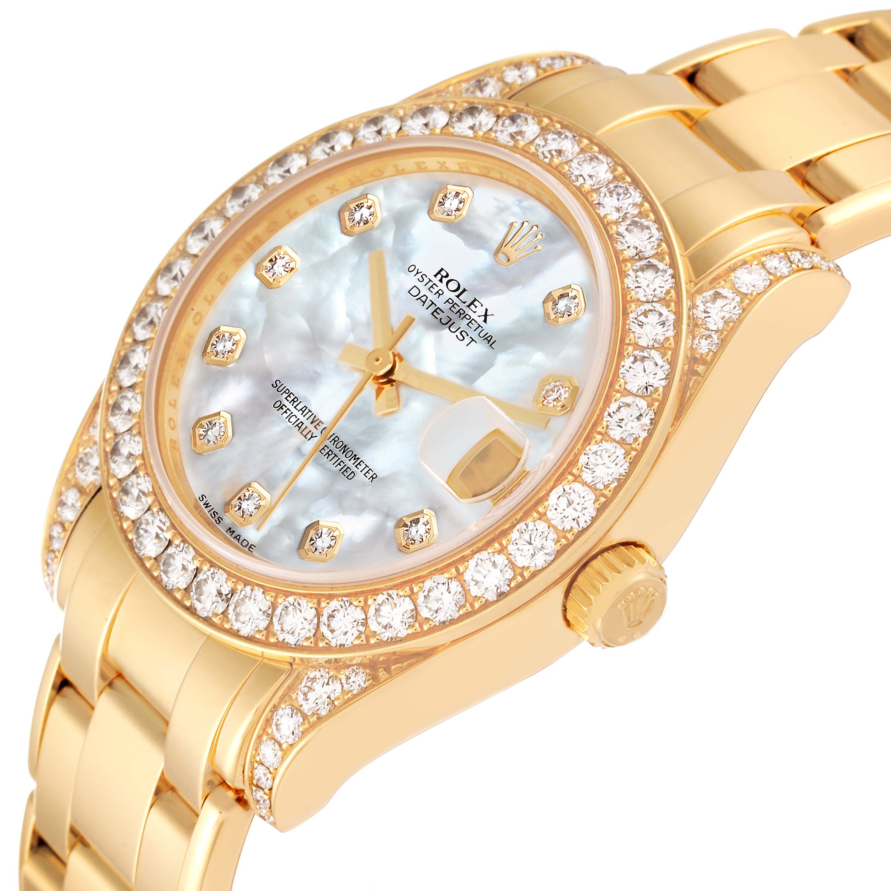The image shows the Rolex Pearlmaster 81158 Women's Yellow Gold Mother of Pearl Dial 81158 Women's Yellow Gold Mother of Pearl Dial watch from an angled close-up, highlighting the diamond-studded bezel, dial, and part of the bracelet.
