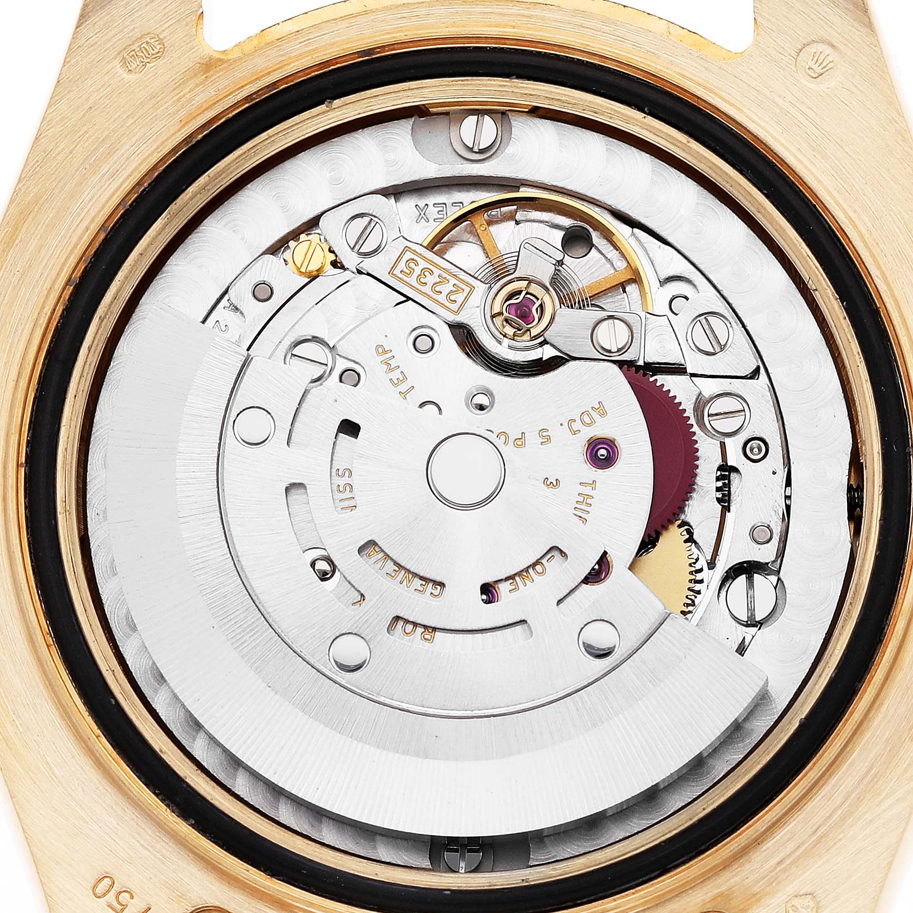 This image shows the internal mechanism of a Rolex Pearlmaster 81158 Women's Yellow Gold Mother of Pearl Dial 81158 Women's Yellow Gold Mother of Pearl Dial watch viewed from the back.