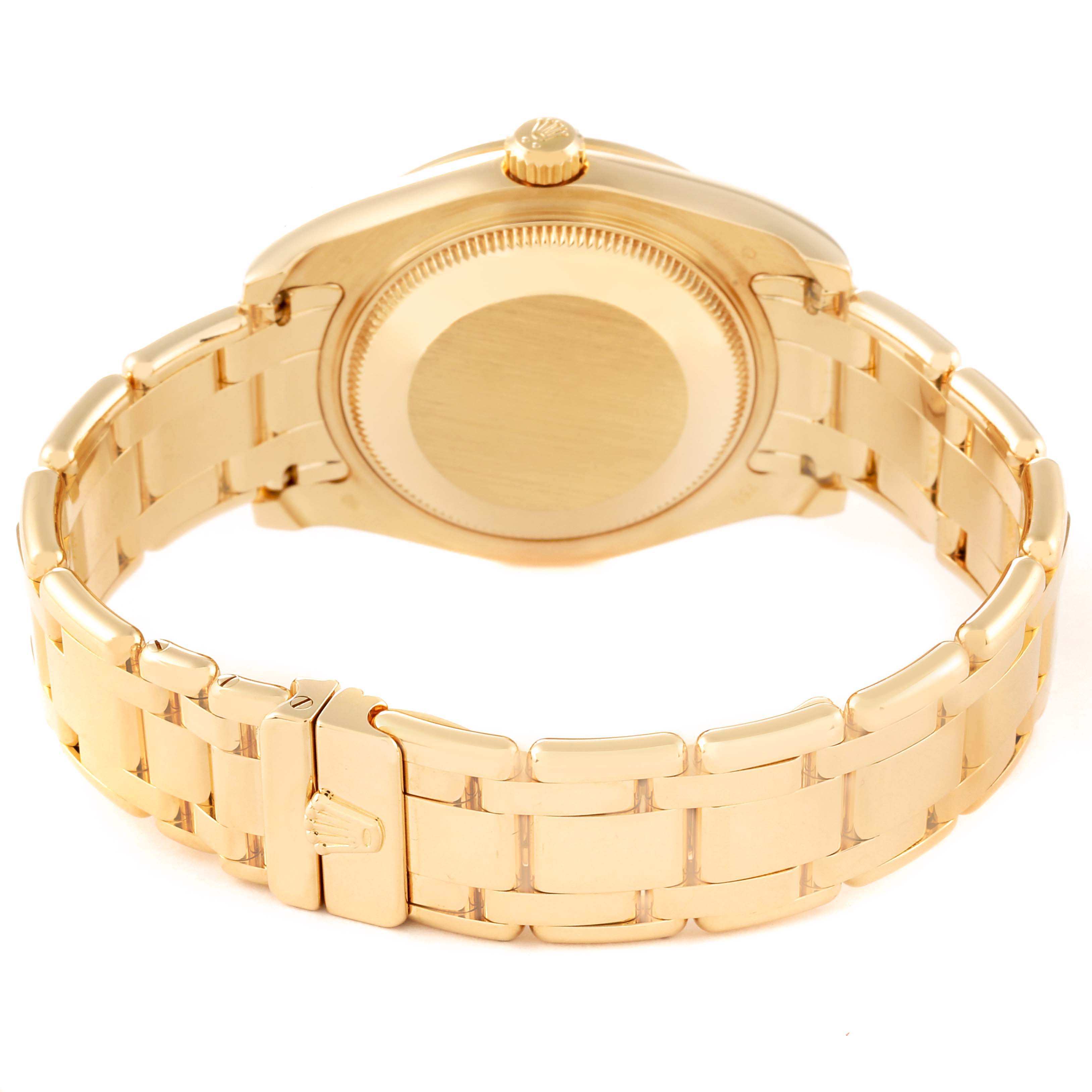 The image shows the back and bracelet of a Rolex Pearlmaster 81158 Women's Yellow Gold Mother of Pearl Dial 81158 Women's Yellow Gold Mother of Pearl Dial watch from a rear angle.