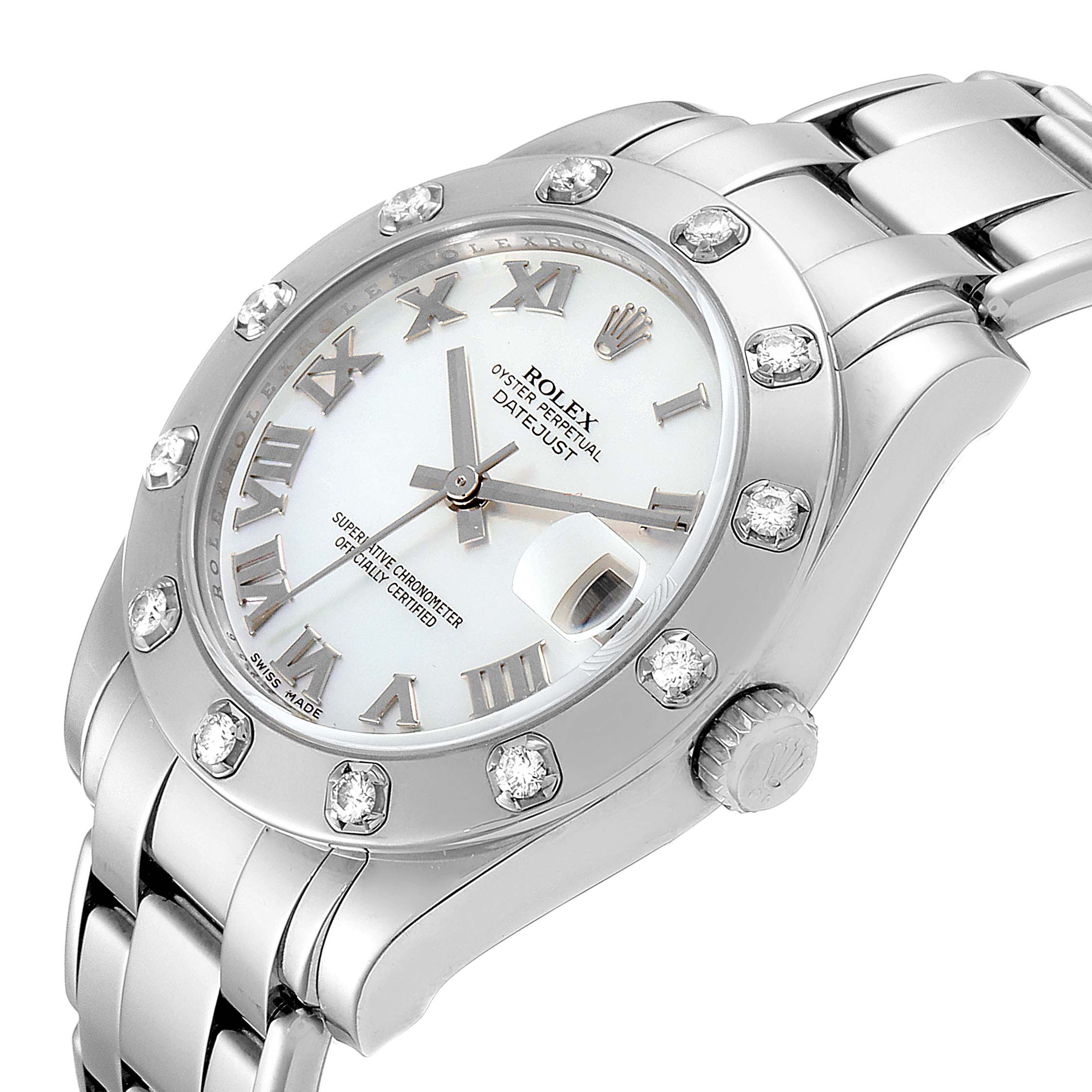 The image shows a close-up angle of the Rolex Pearlmaster 81319 Women's White Gold Mother of Pearl Dial 81319 Women's White Gold Mother of Pearl Dial watch, highlighting its face, bezel, and part of the bracelet.