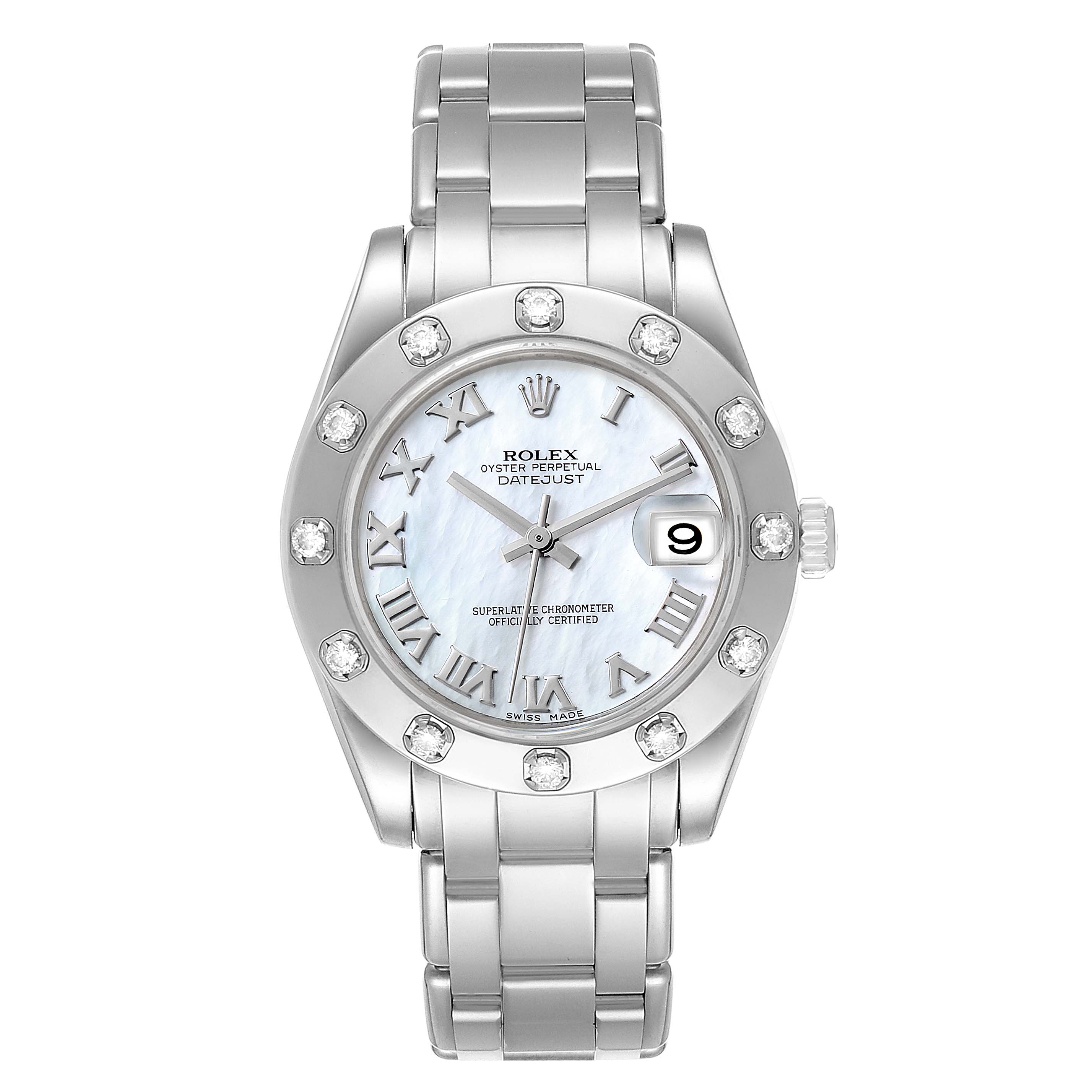 This image shows a front view of a Rolex Pearlmaster 81319 Women's White Gold Mother of Pearl Dial 81319 Women's White Gold Mother of Pearl Dial watch, highlighting its dial, bezel, and bracelet.