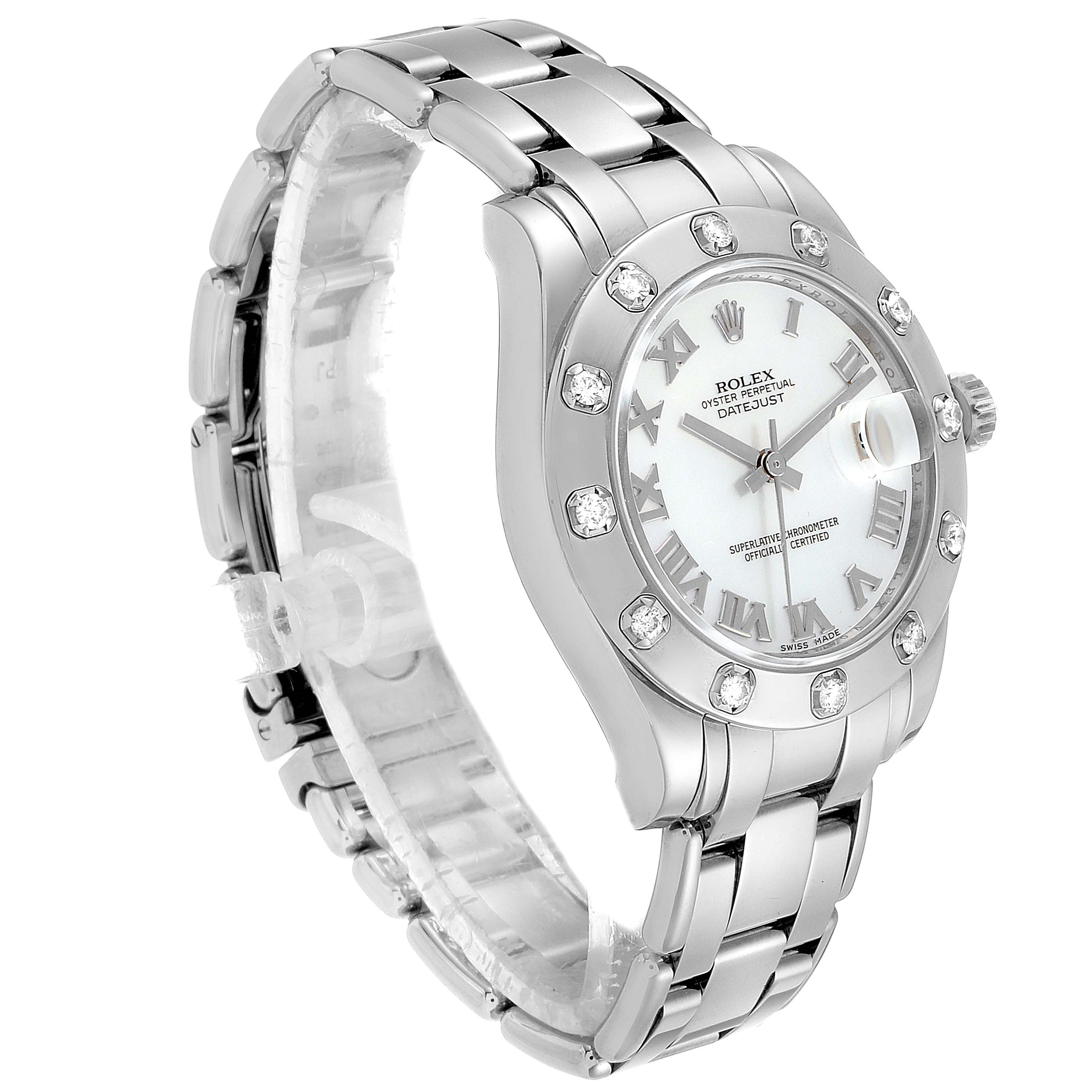 The image shows a Rolex Pearlmaster 81319 Women's White Gold Mother of Pearl Dial 81319 Women's White Gold Mother of Pearl Dial watch at a three-quarter angle, highlighting the bracelet, bezel, dial, and crown.