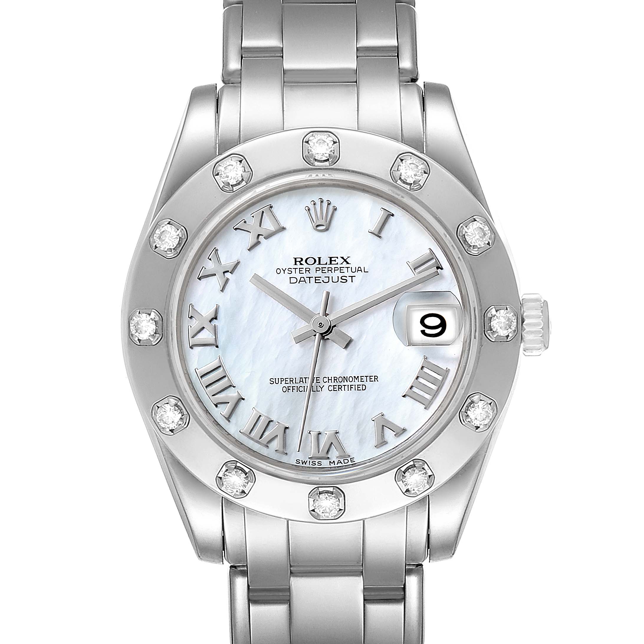 The Rolex Pearlmaster 81319 Women's White Gold Mother of Pearl Dial 81319 Women's White Gold Mother of Pearl Dial watch is shown from the front, displaying the face, bezel, bracelet, and date window.