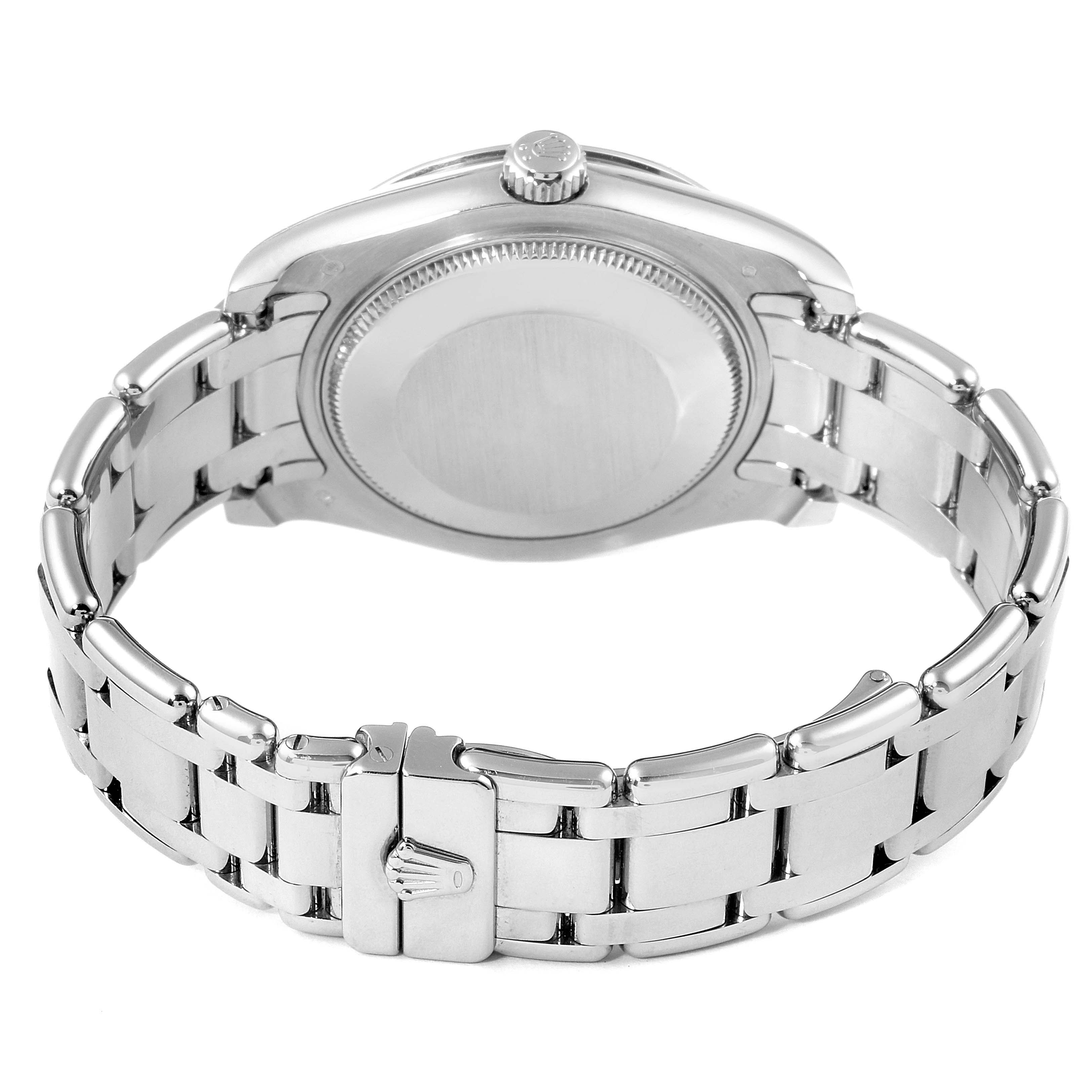 The image shows the back view of a Rolex Pearlmaster 81319 Women's White Gold Mother of Pearl Dial 81319 Women's White Gold Mother of Pearl Dial watch, highlighting its case back, bracelet, and clasp.