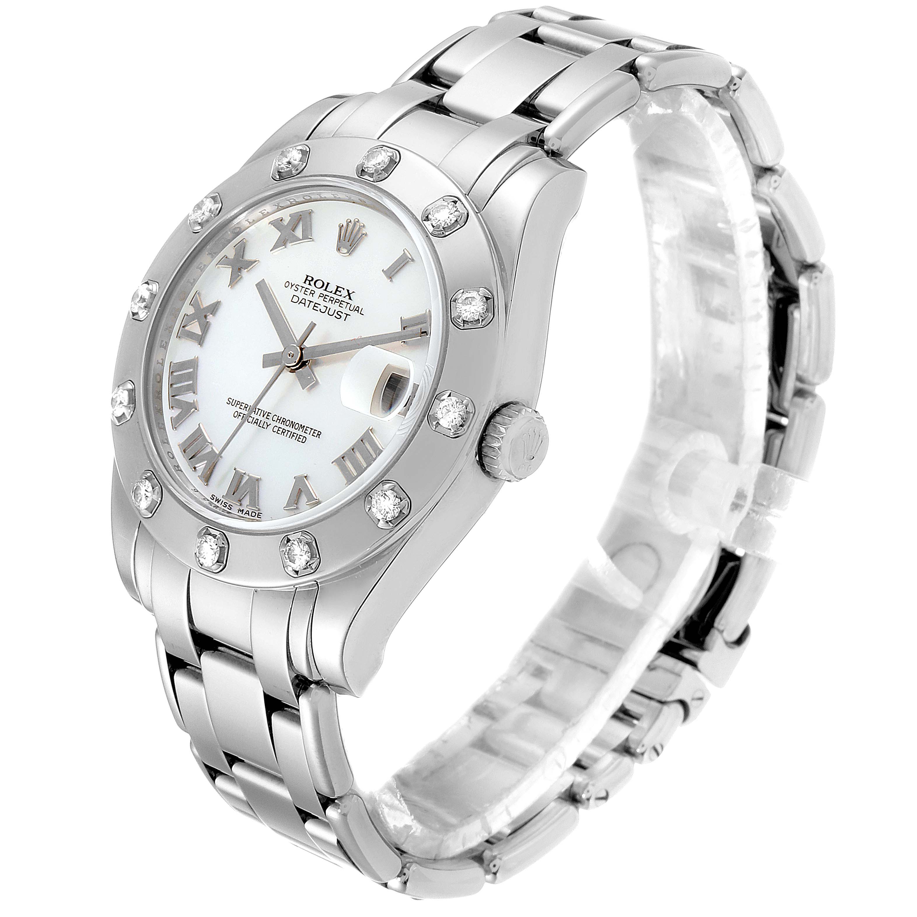 The Rolex Pearlmaster 81319 Women's White Gold Mother of Pearl Dial 81319 Women's White Gold Mother of Pearl Dial watch is shown at a front-right angle, displaying the face, bezel, crown, and bracelet.