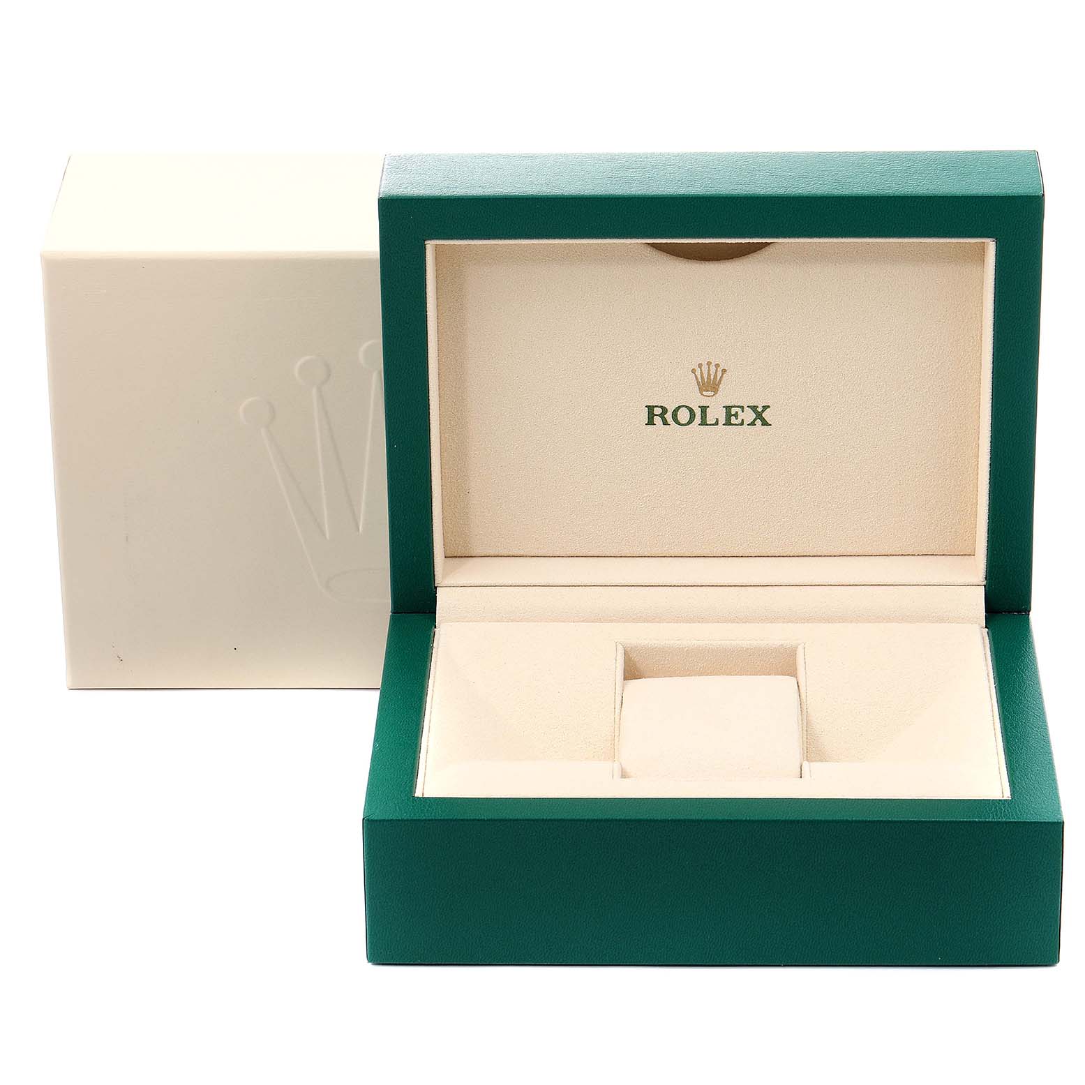 This is an open Rolex Pearlmaster 81319 Women's White Gold Mother of Pearl Dial 81319 Women's White Gold Mother of Pearl Dial watch box, viewed from the front, showing the interior compartments.