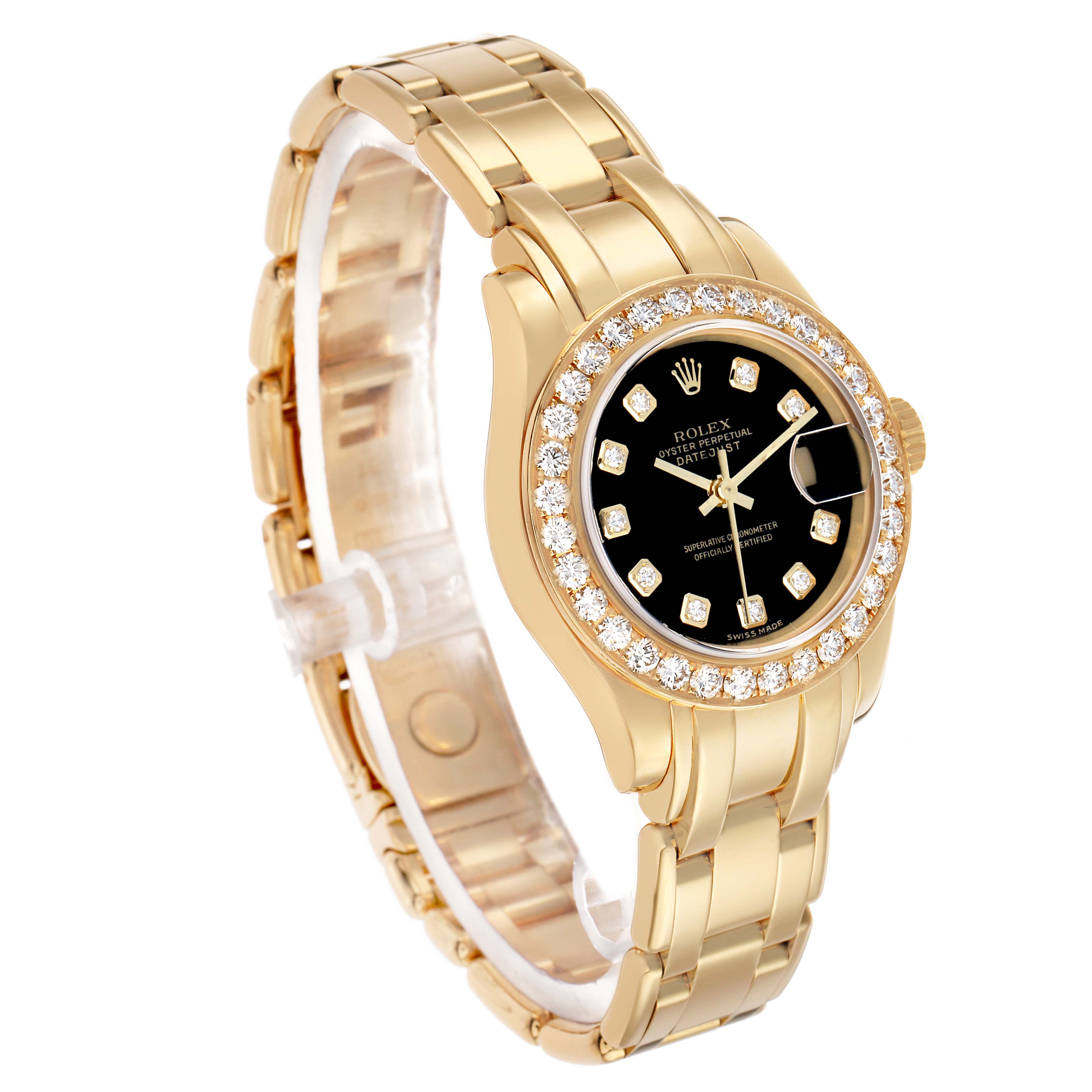 The Rolex Pearlmaster 80298 Women's Yellow Gold Black Dial watch is shown at a three-quarter angle, highlighting the face, bezel, bracelet, and crown.