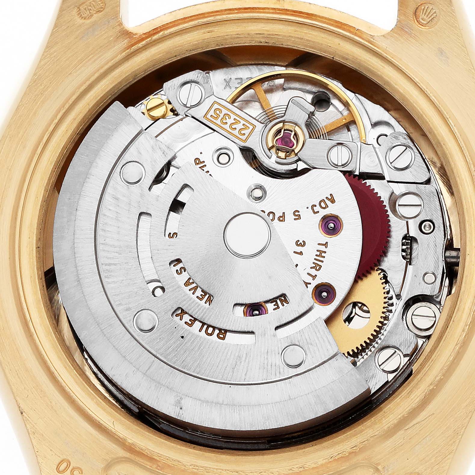 The image shows a close-up of the movement of a Rolex Pearlmaster 80298 Women's Yellow Gold Black Dial watch, highlighting the rotor and internal components.