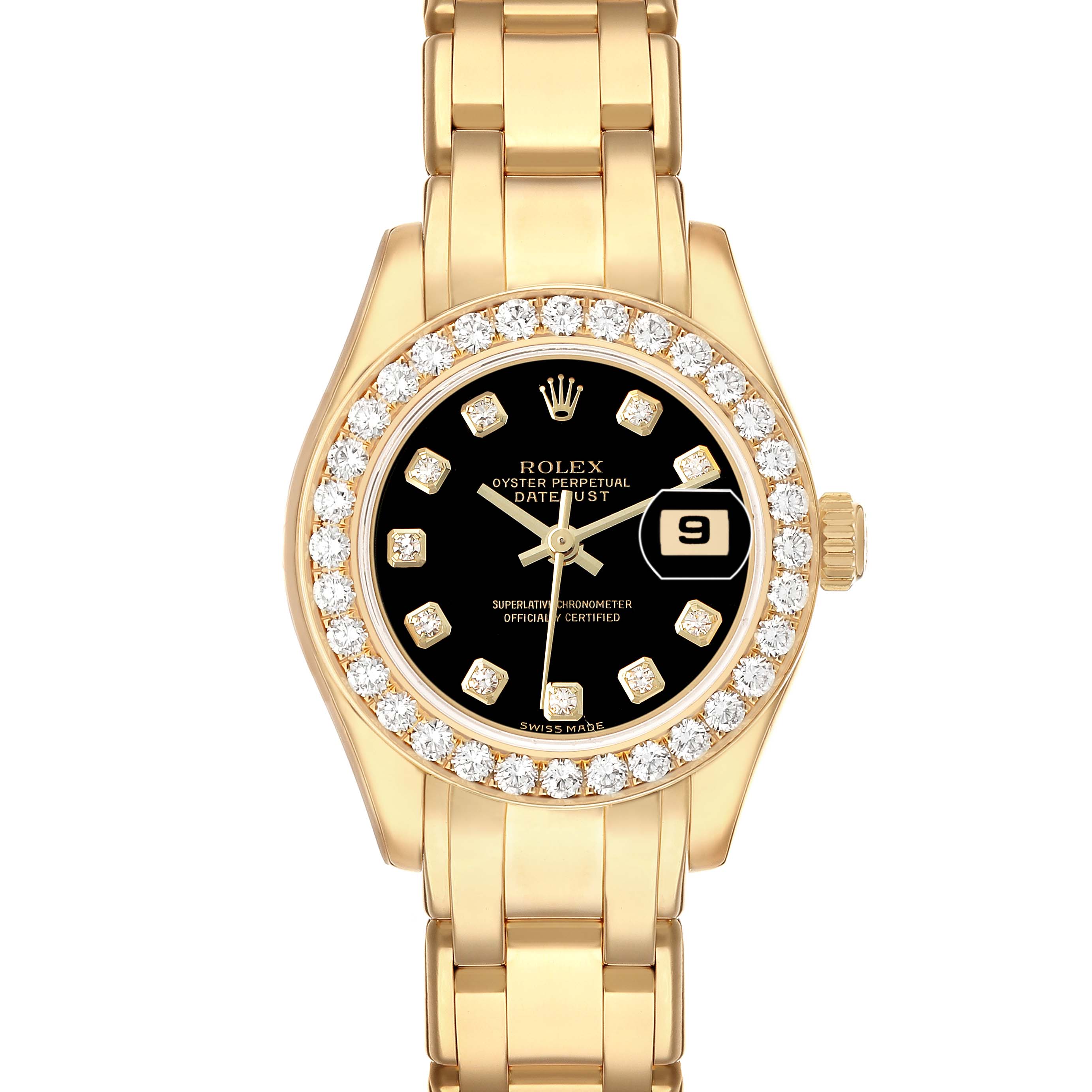 This Rolex Pearlmaster 80298 Women's Yellow Gold Black Dial watch is shown from the front, displaying the dial, bezel, bracelet, and crown.
