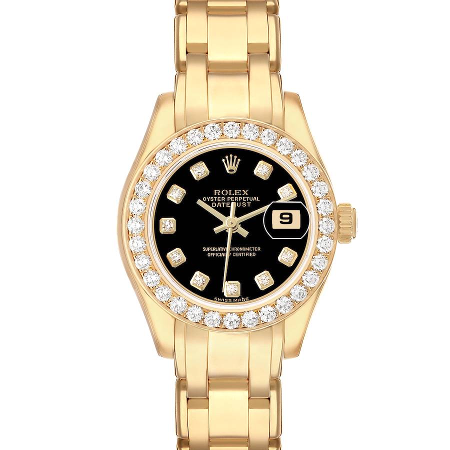 This Rolex Pearlmaster 80298 Women's Yellow Gold Black Dial watch is shown from the front, displaying the dial, bezel, bracelet, and crown.