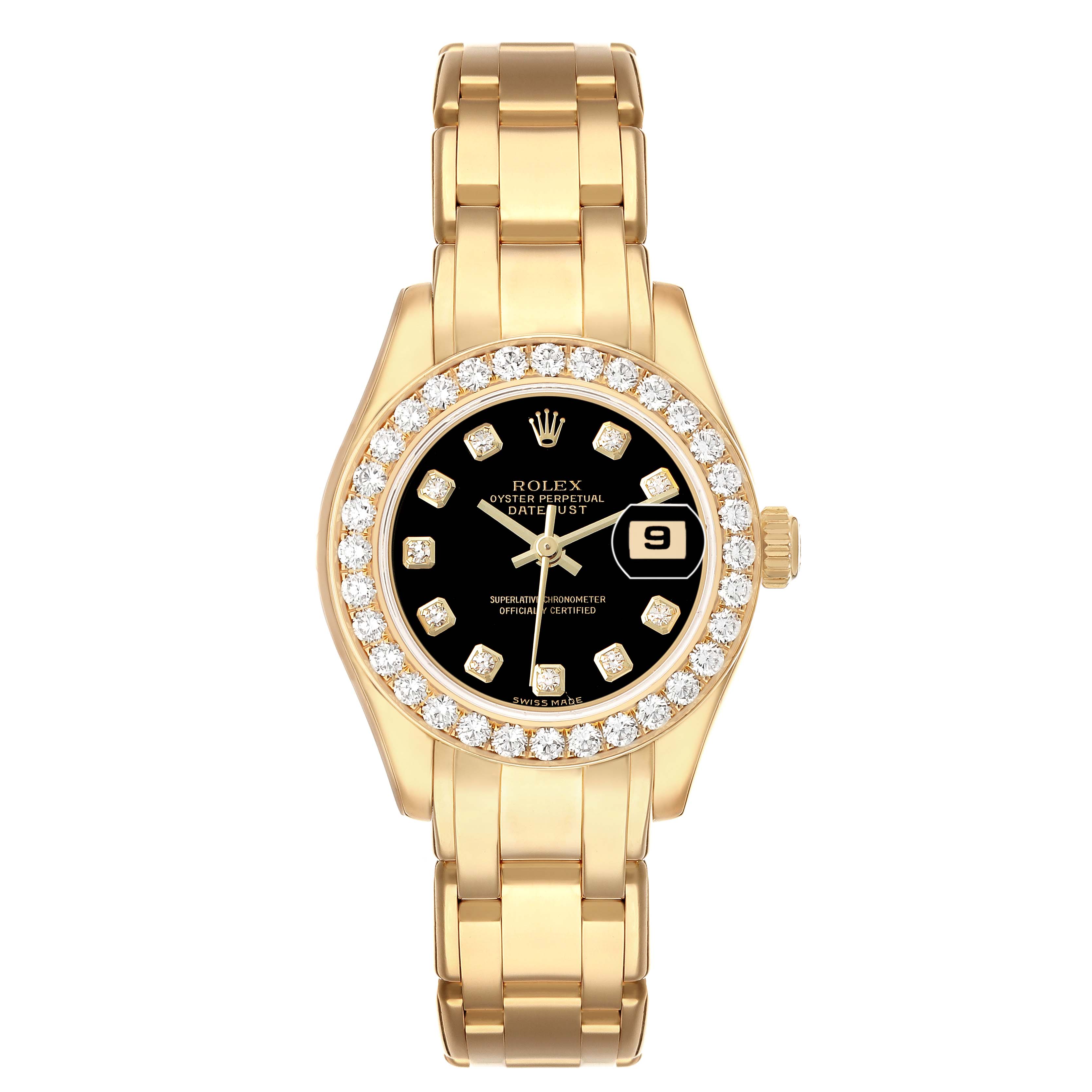 The Rolex Pearlmaster 80298 Women's Yellow Gold Black Dial watch is shown from a front angle, highlighting the bezel, dial, and bracelet.