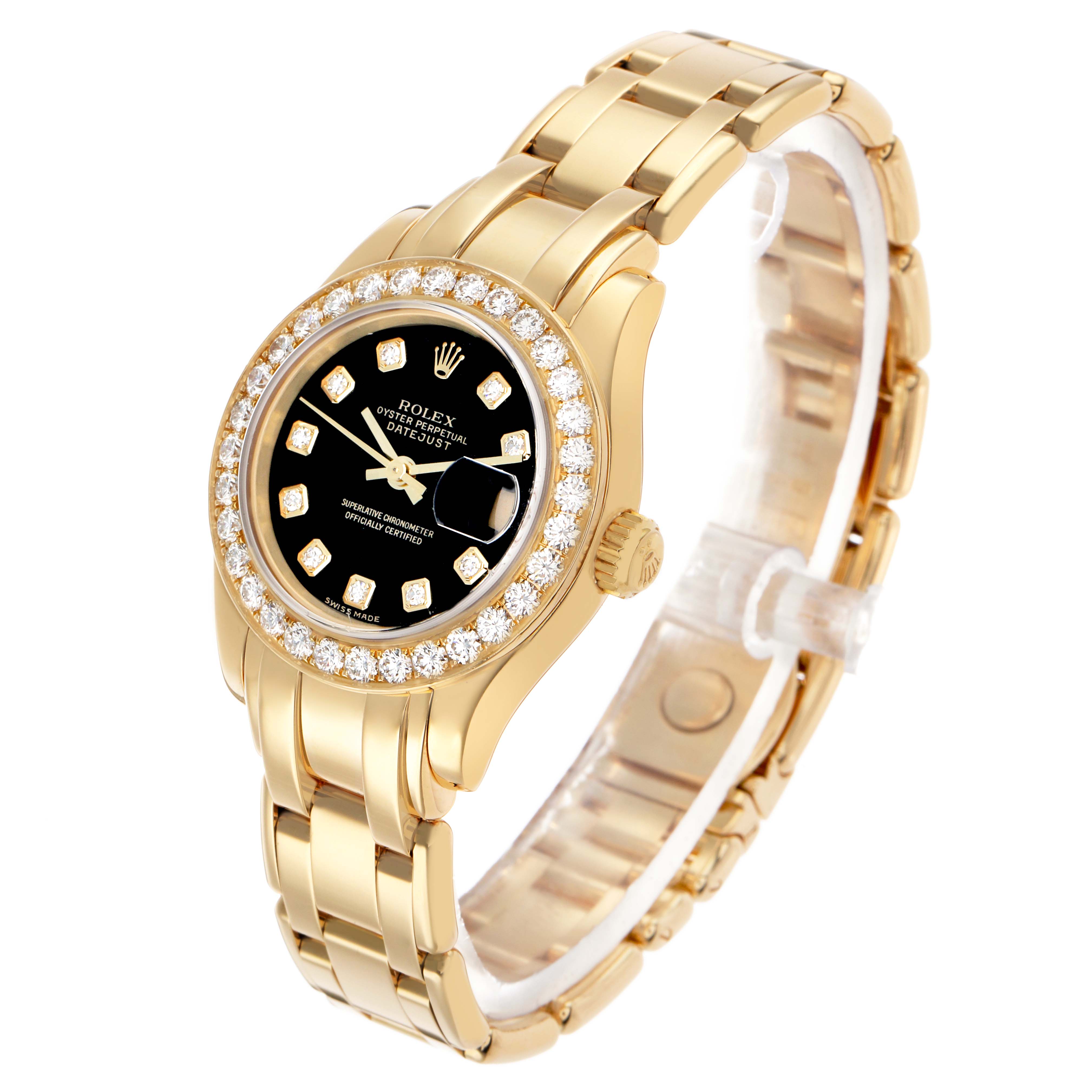 The Rolex Pearlmaster 80298 Women's Yellow Gold Black Dial is shown from an angled side view, highlighting its gold bracelet, diamond bezel, and black dial.