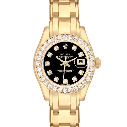 The Rolex Pearlmaster 80298 Women's Yellow Gold Black Dial watch is shown from the front, highlighting the dial, bezel, and bracelet.