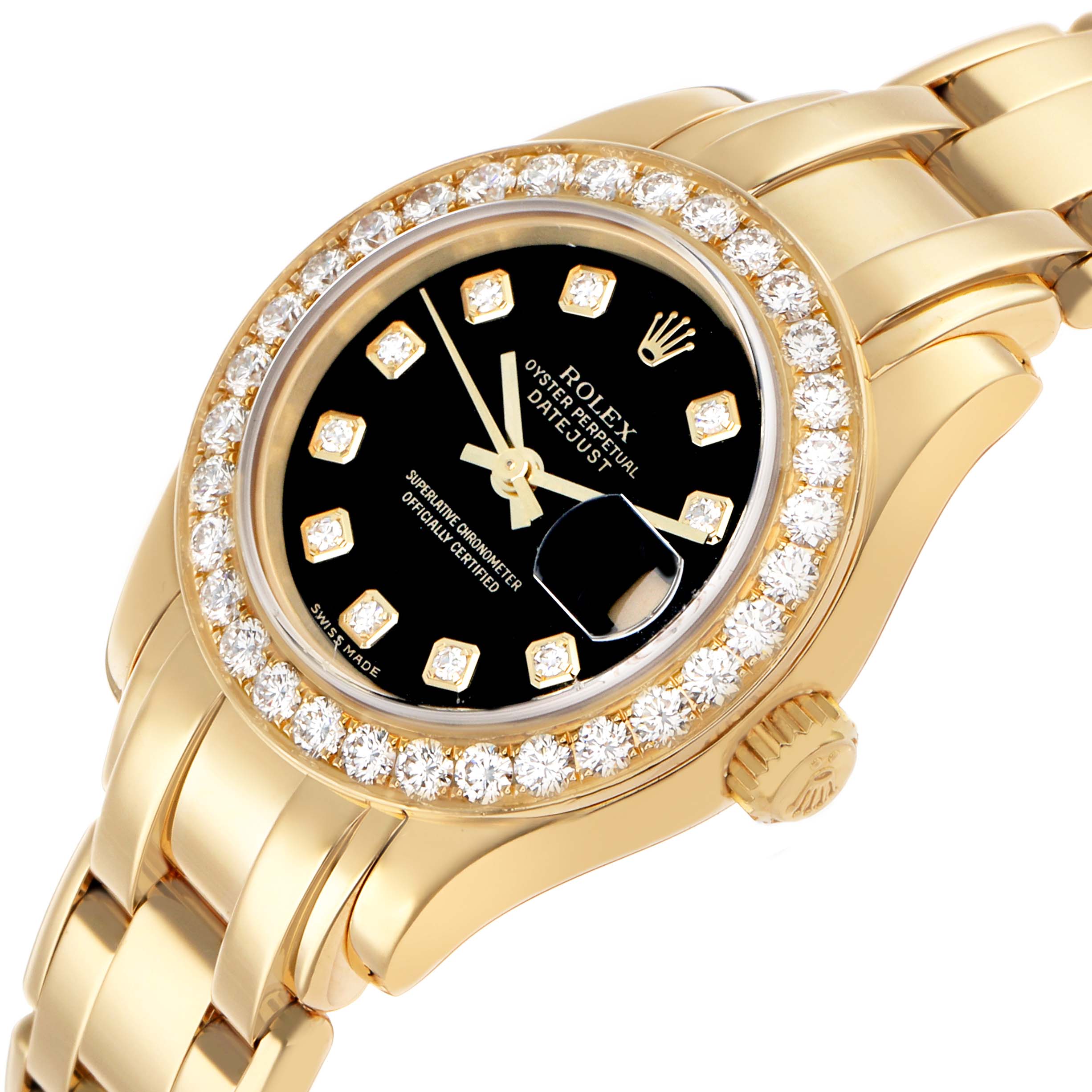 The Rolex Pearlmaster 80298 Women's Yellow Gold Black Dial watch is shown at a slight angle, displaying the face, bezel, and part of the bracelet clearly.