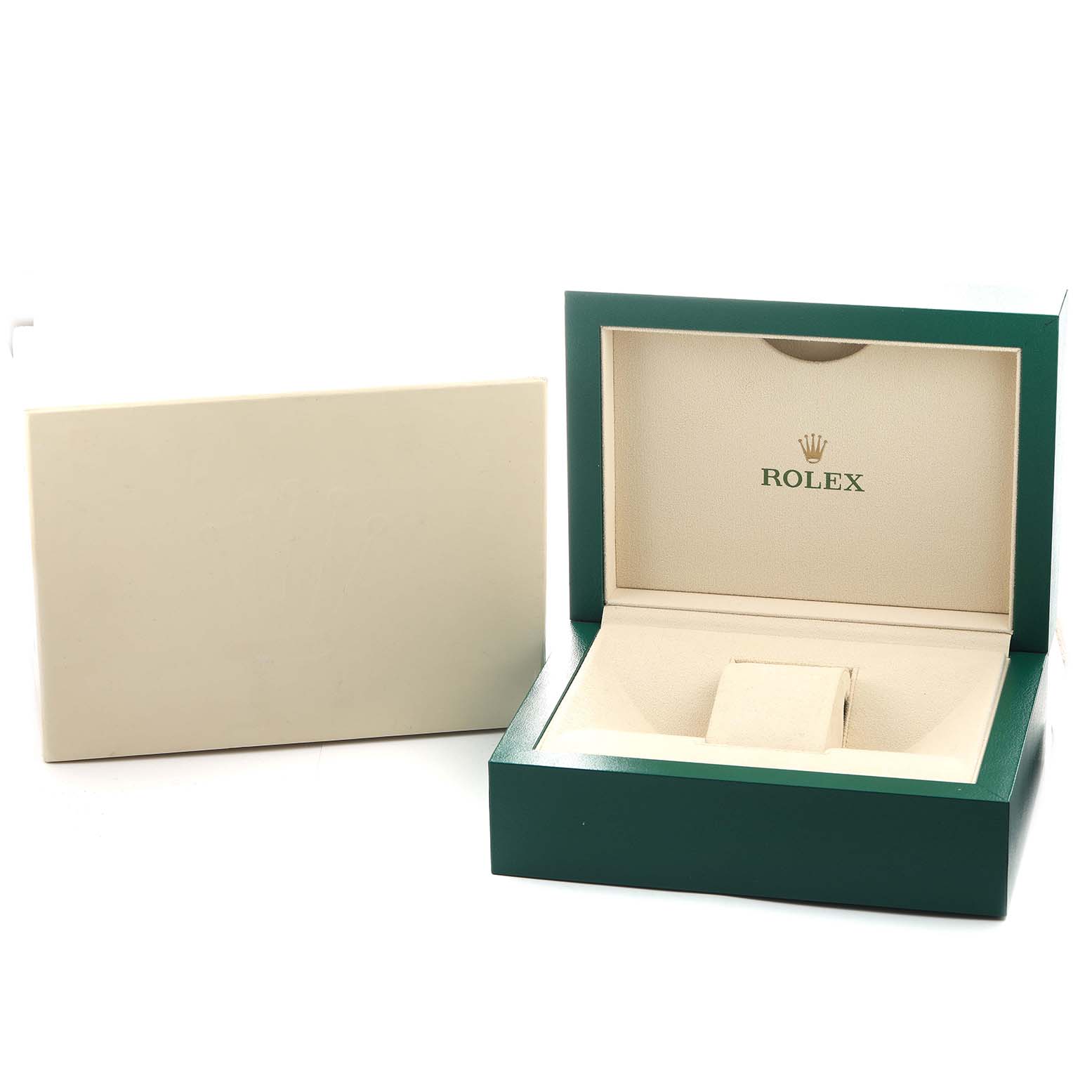 The image shows the open box and outer packaging of the Rolex Pearlmaster 80298 Women's Yellow Gold Black Dial, angled to display the interior and branding.