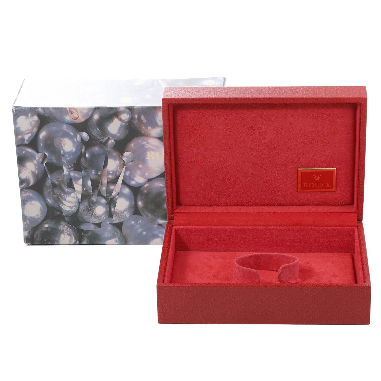 The image shows an open red watch box and outer packaging for the Rolex President 69158 Women
s Yellow Gold Champagne Dial 69158 Women
s Yellow Gold Champagne Dial model.