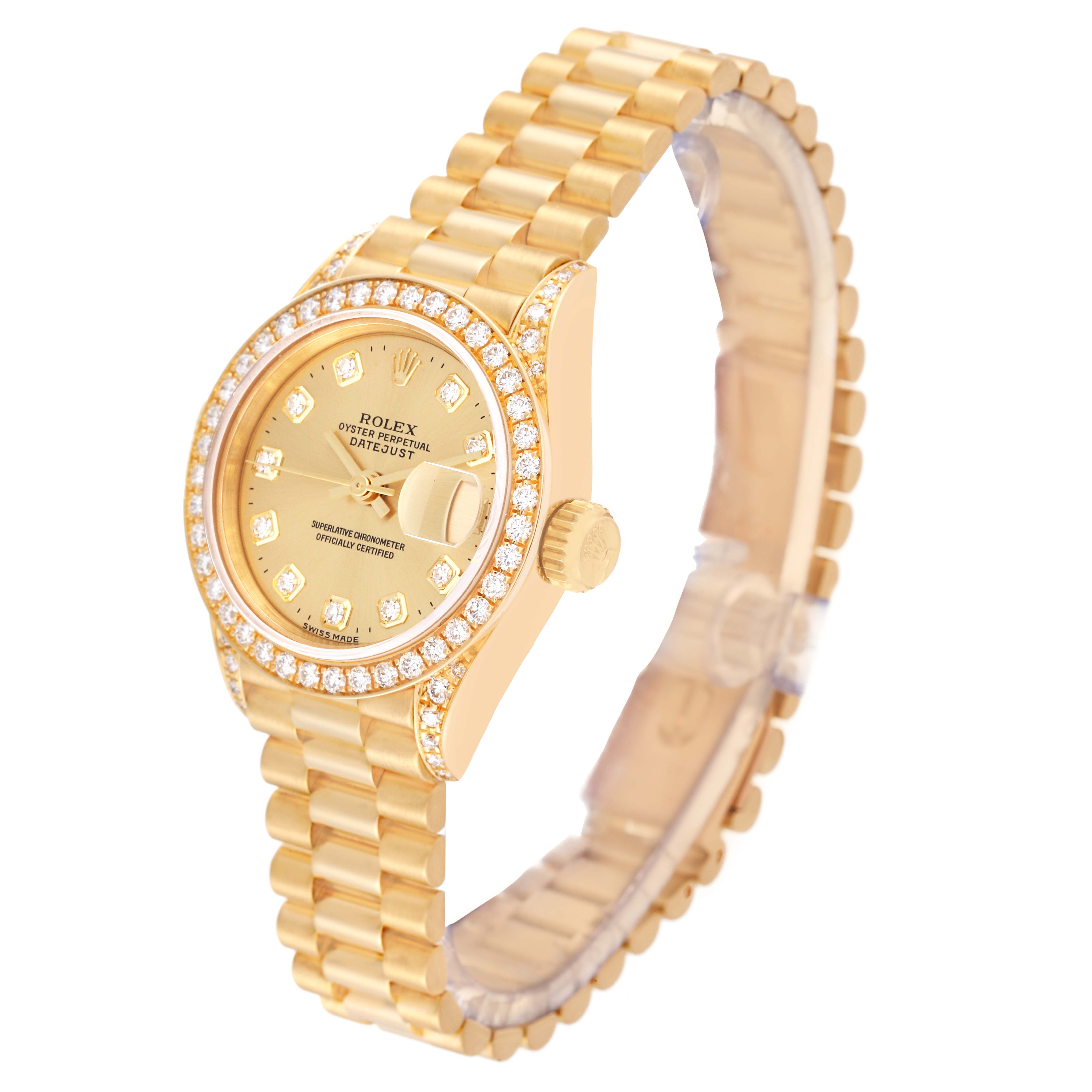 The image shows a Rolex President 69158 Women
s Yellow Gold Champagne Dial 69158 Women
s Yellow Gold Champagne Dial model watch, angled to display the face, crown, and bracelet.