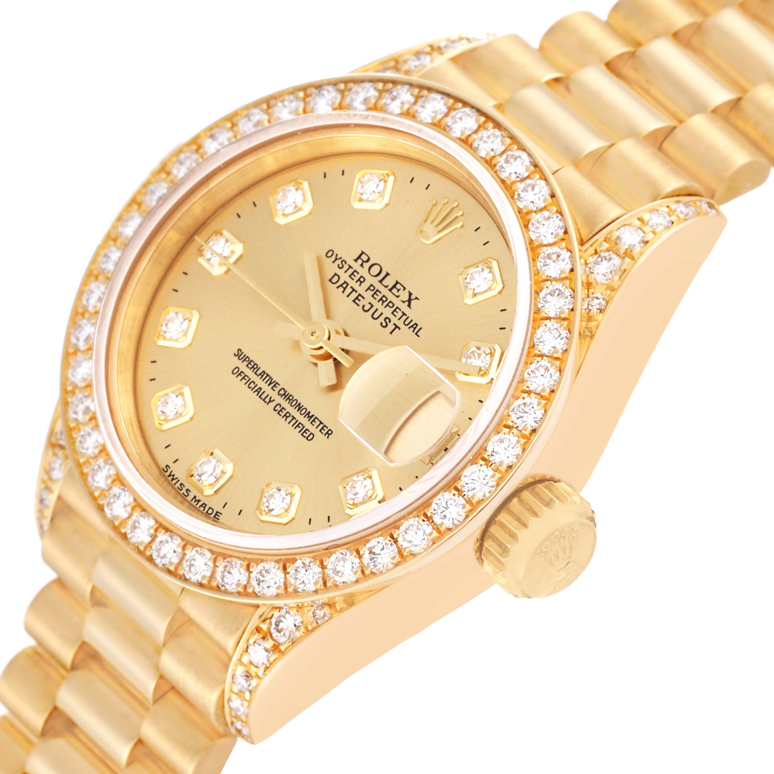 The image shows a Rolex President 69158 Women
s Yellow Gold Champagne Dial 69158 Women
s Yellow Gold Champagne Dial model watch from a side angle, highlighting the dial, diamond bezel, and part of the bracelet.