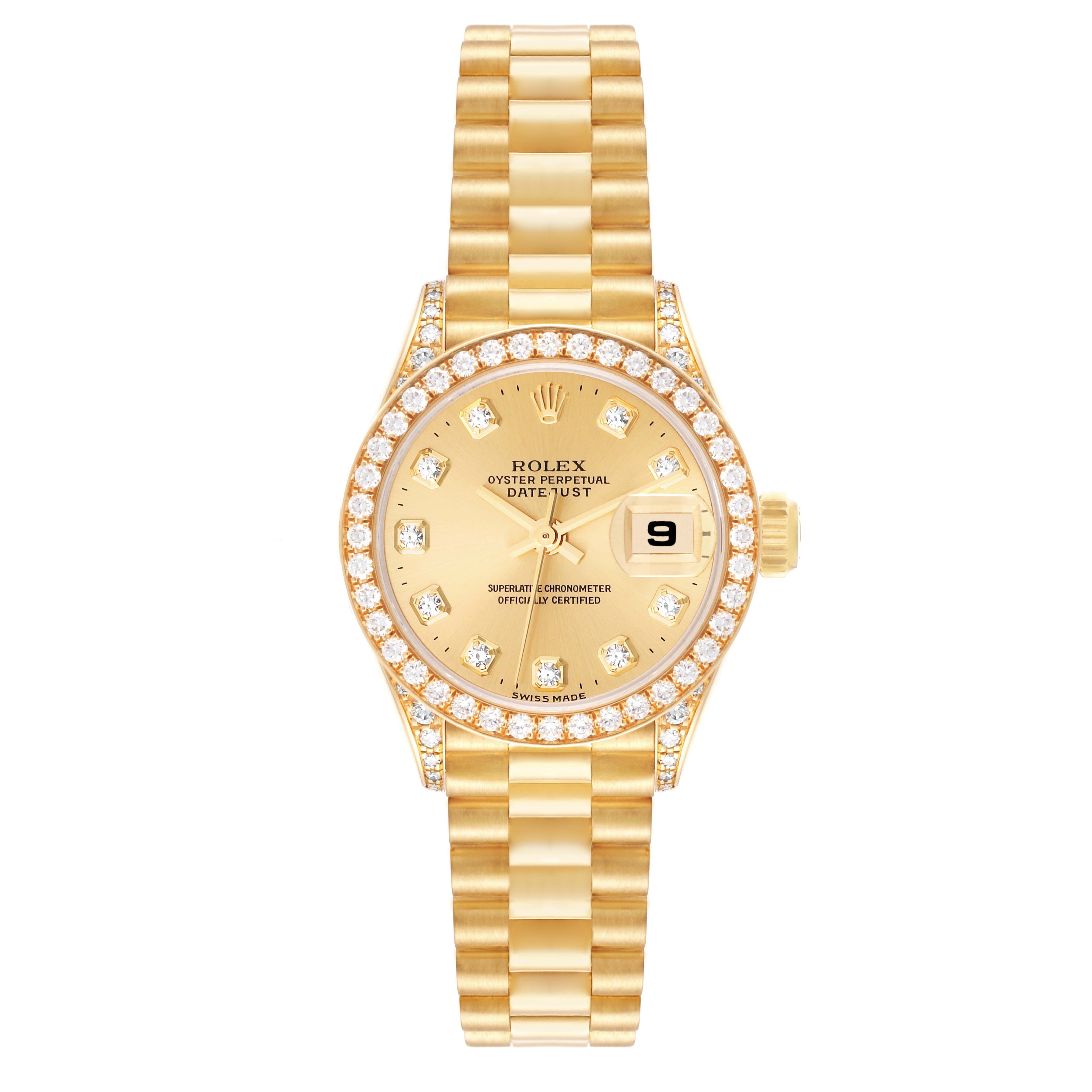 This is a front view of a Rolex President 69158 Women
s Yellow Gold Champagne Dial 69158 Women
s Yellow Gold Champagne Dial model watch, showcasing the dial, bezel, and bracelet.