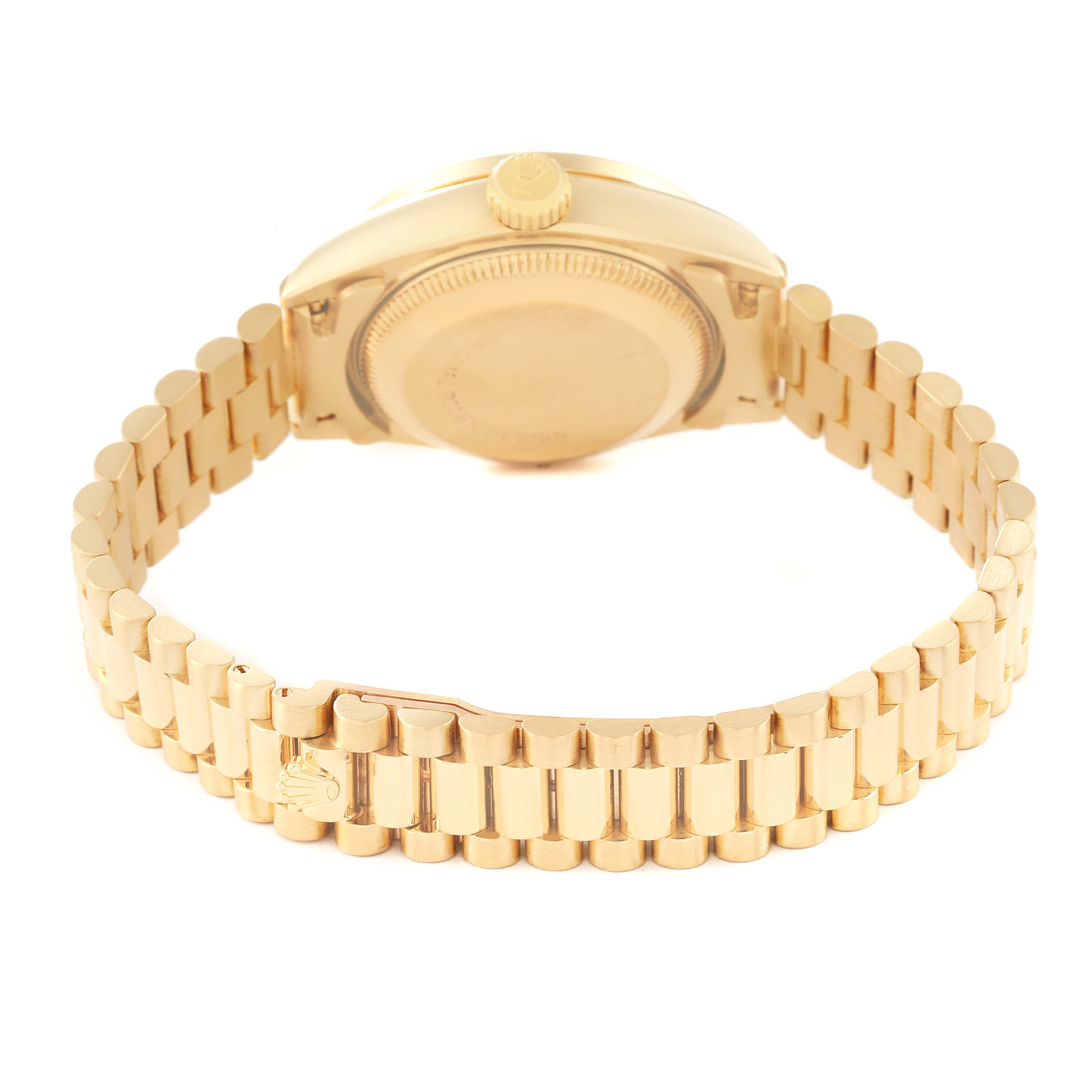 This image shows the backside and bracelet of a Rolex President 69158 Women
s Yellow Gold Champagne Dial 69158 Women
s Yellow Gold Champagne Dial model watch, including the clasp and case back.
