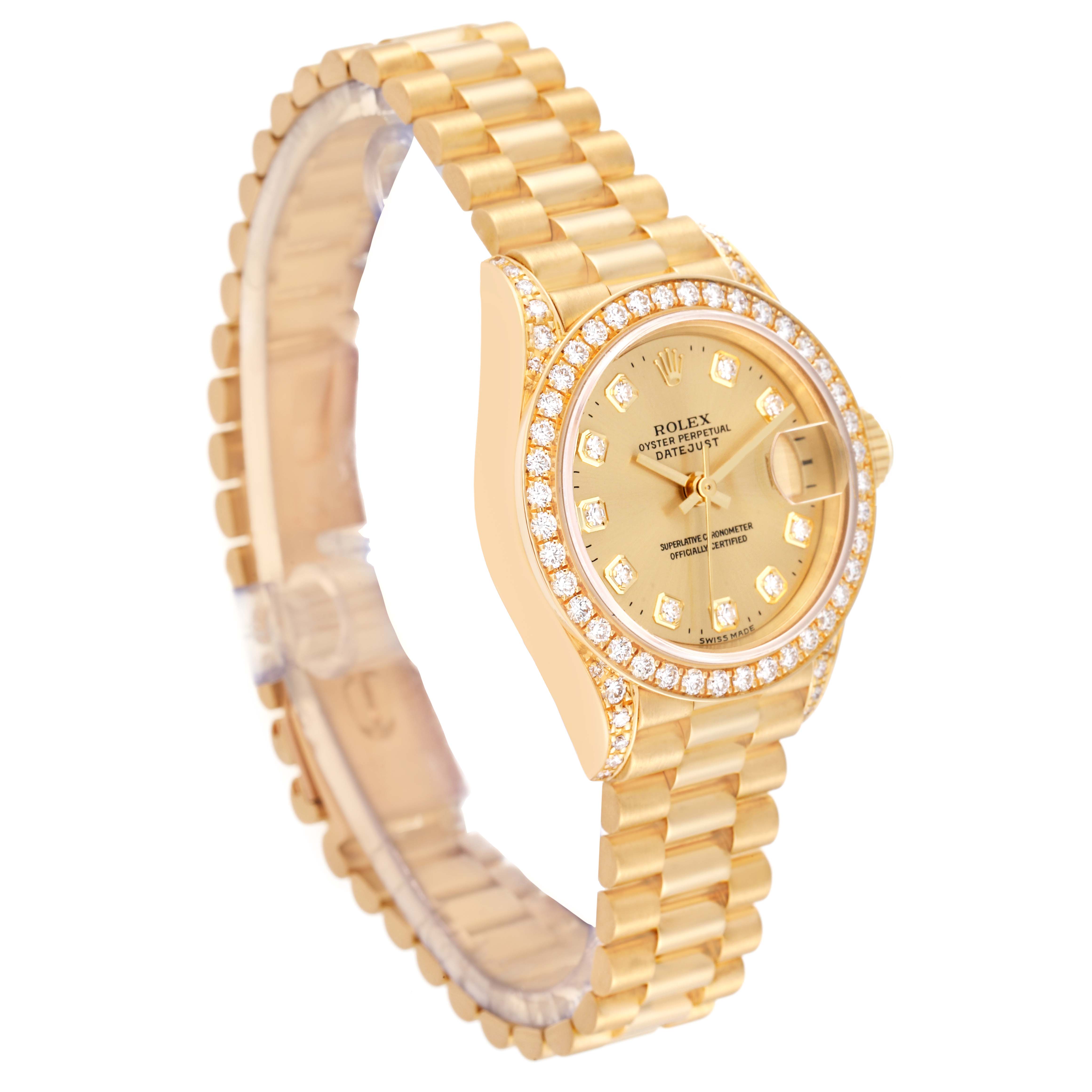 The image shows the Rolex President 69158 Women
s Yellow Gold Champagne Dial 69158 Women
s Yellow Gold Champagne Dial model watch from a front-side angle, highlighting the dial, bezel, and bracelet.
