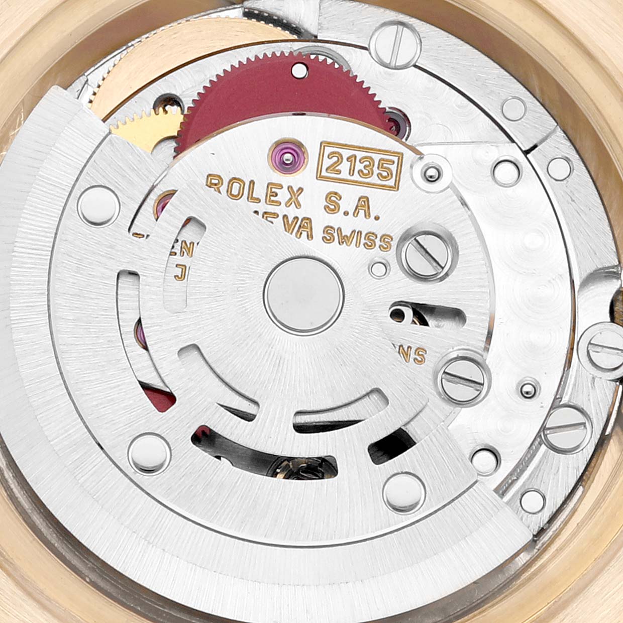 This image shows the internal mechanism of a Rolex President 69158 Women
s Yellow Gold Champagne Dial 69158 Women
s Yellow Gold Champagne Dial model watch, highlighting its intricate components from an overhead angle.