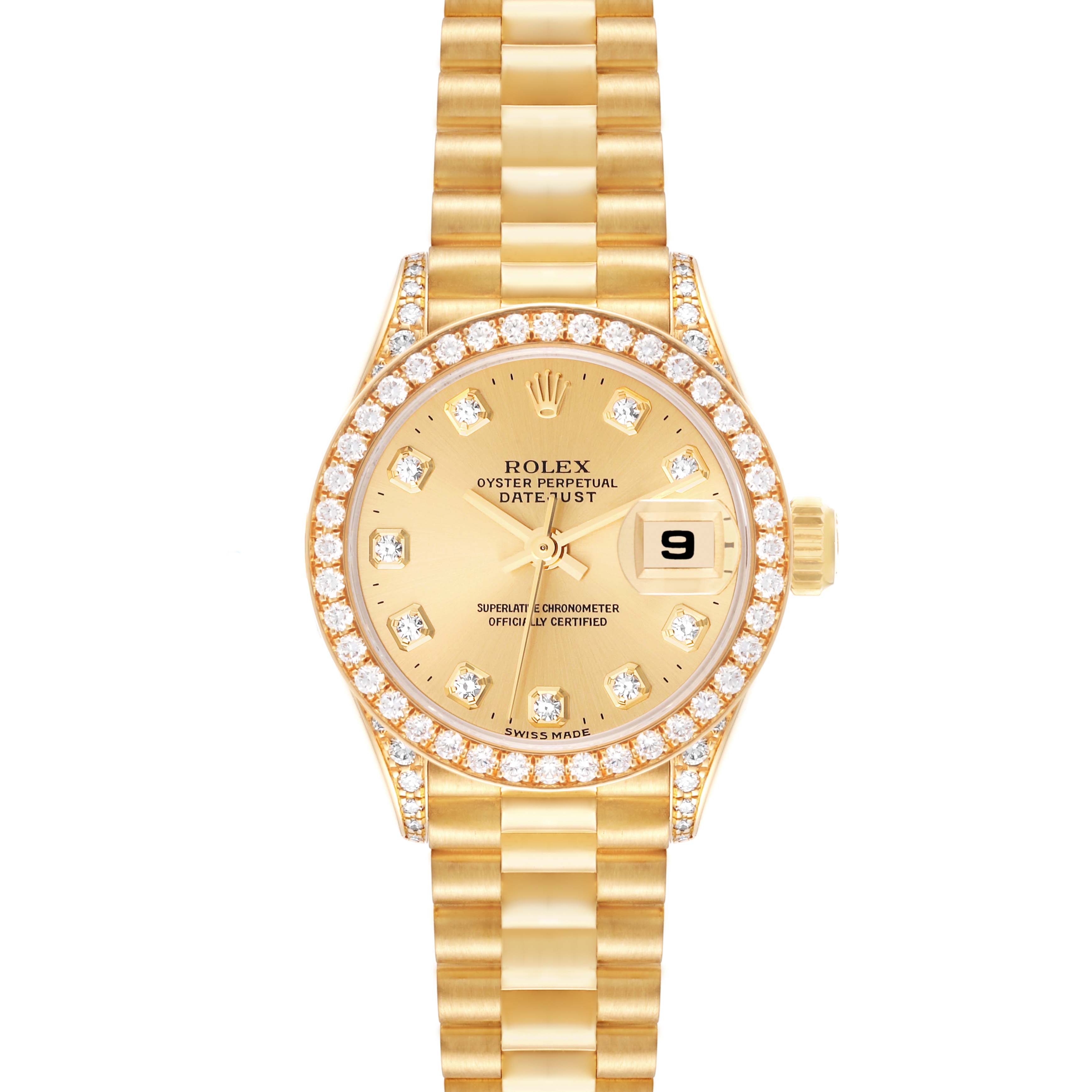 The image shows a Rolex President 69158 Women
s Yellow Gold Champagne Dial 69158 Women
s Yellow Gold Champagne Dial model watch, featuring a gold case, diamond bezel, gold bracelet, and a date display.