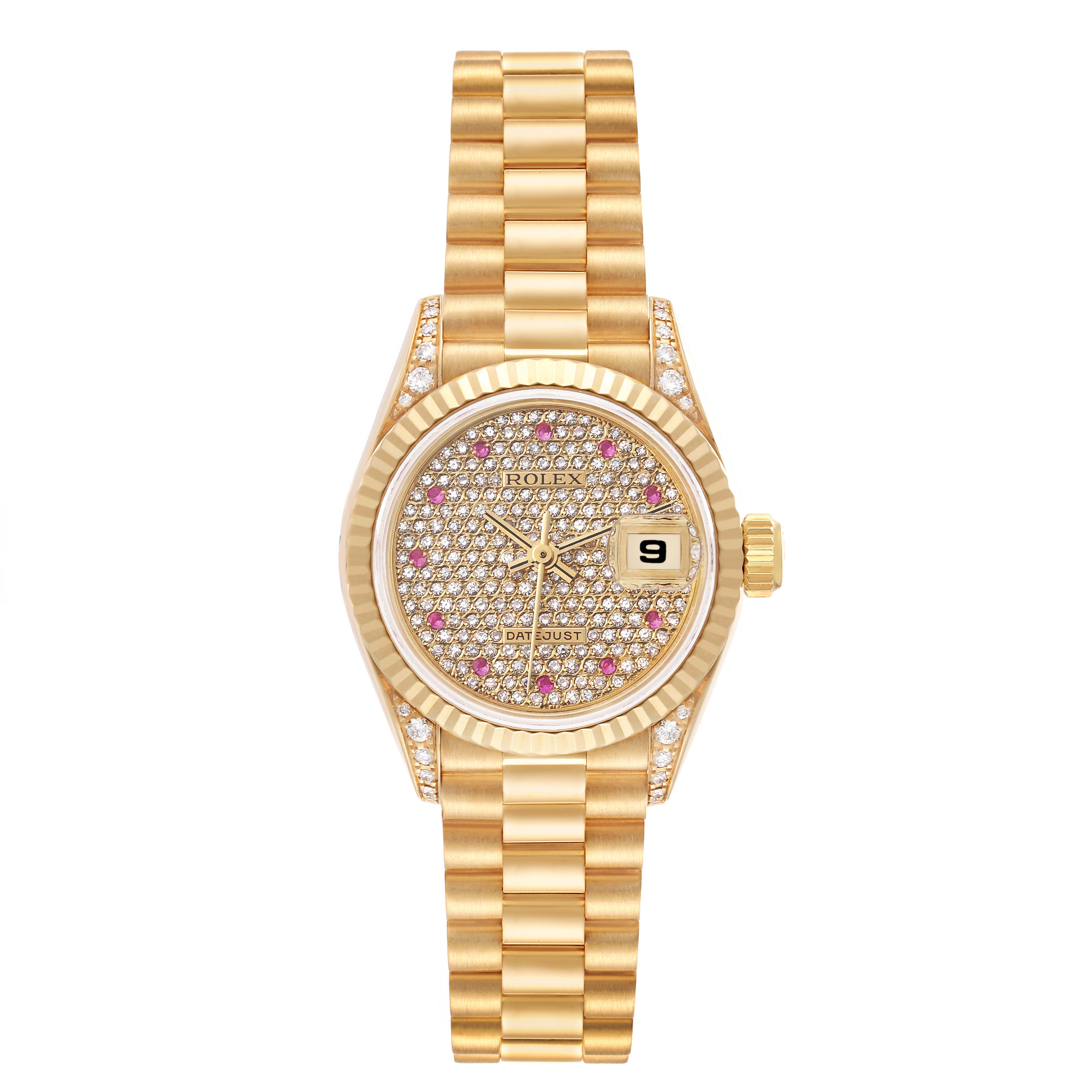 This is a President model Rolex watch shown from a top-down angle featuring a gold bracelet, crown, and diamond-studded dial.